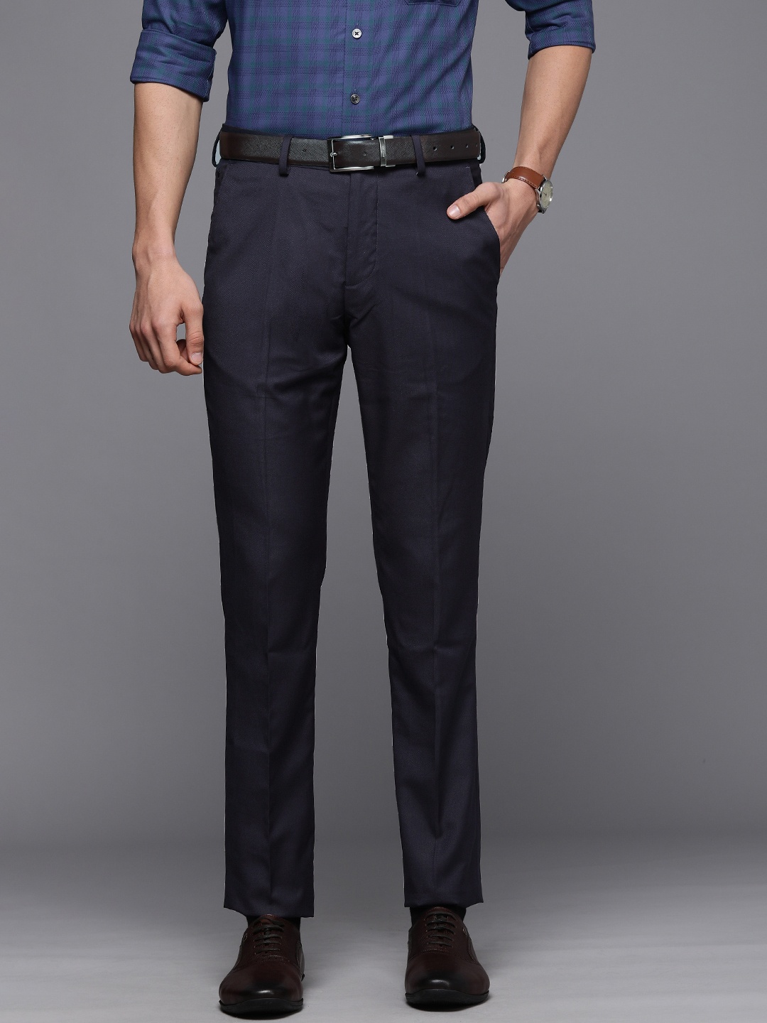 

Louis Philippe Men Navy Blue Solid Slim Fit Trousers