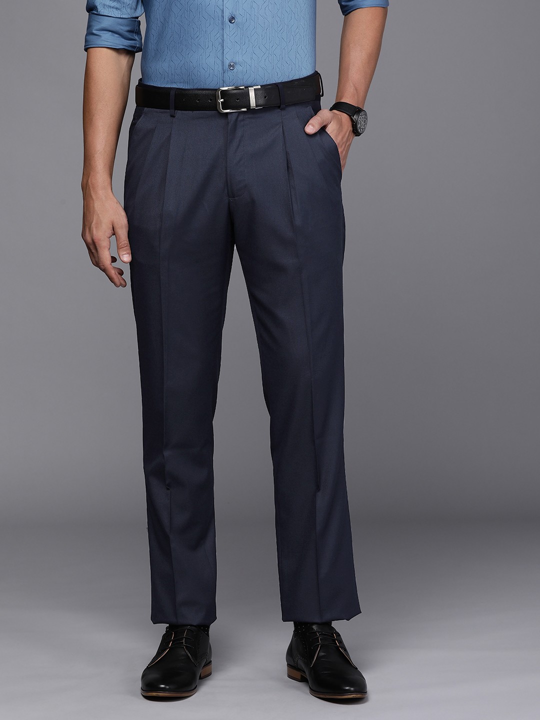 

Louis Philippe Men Navy Blue Self-Design Formal Trousers