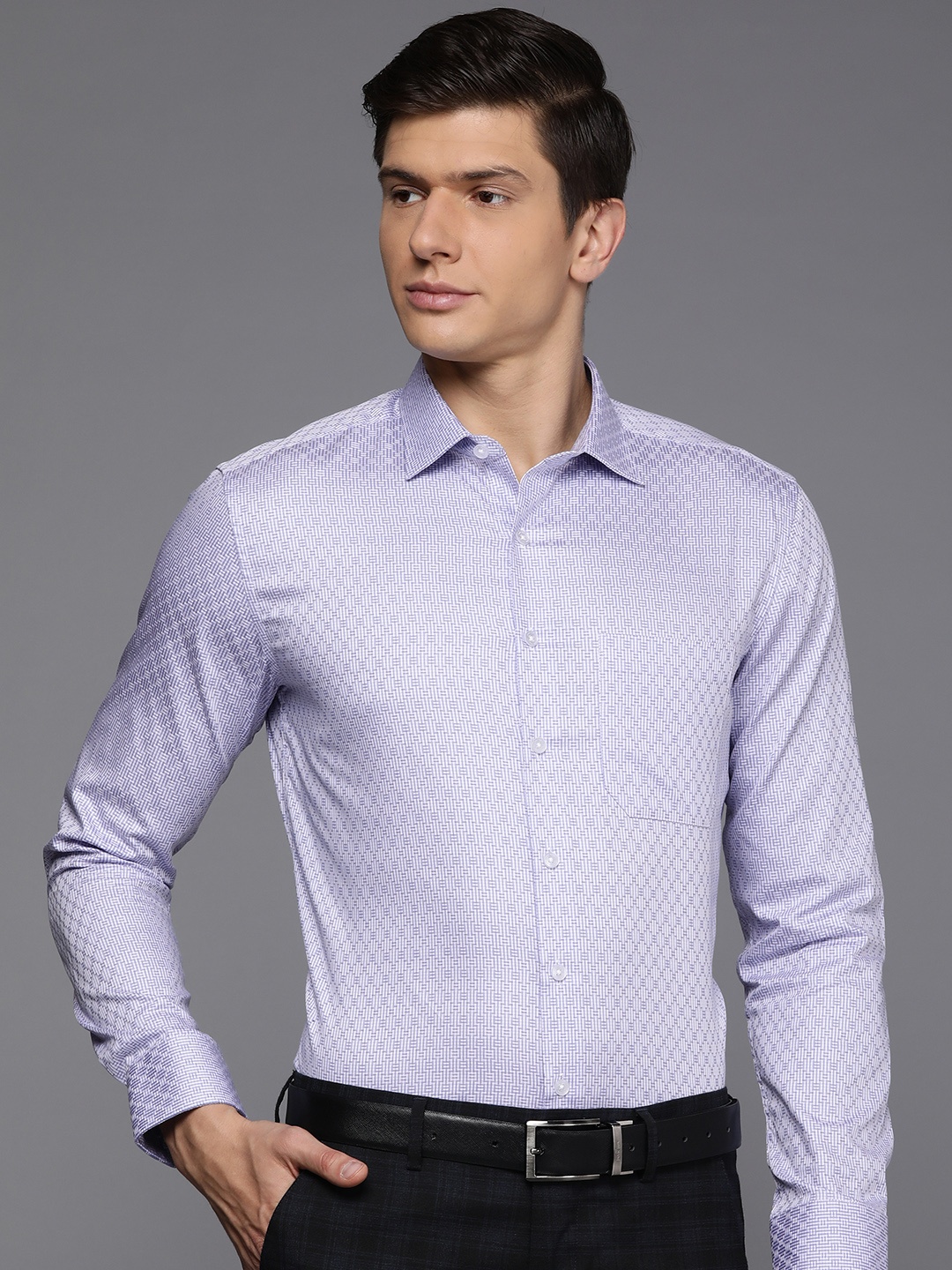 

Louis Philippe Men Blue & White Self-Design Slim Fit Pure Cotton Formal Shirt