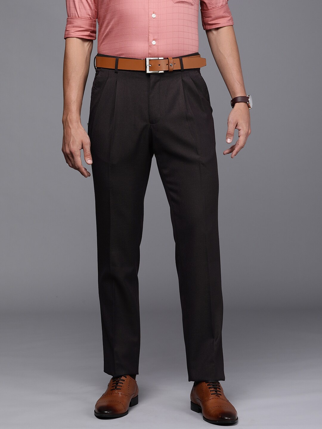 

Louis Philippe Men Burgundy Self-Design Formal Trousers