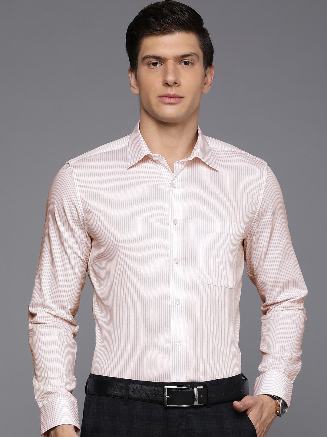 

Louis Philippe Men White & Red Slim Fit Striped Pure Cotton Formal Shirt