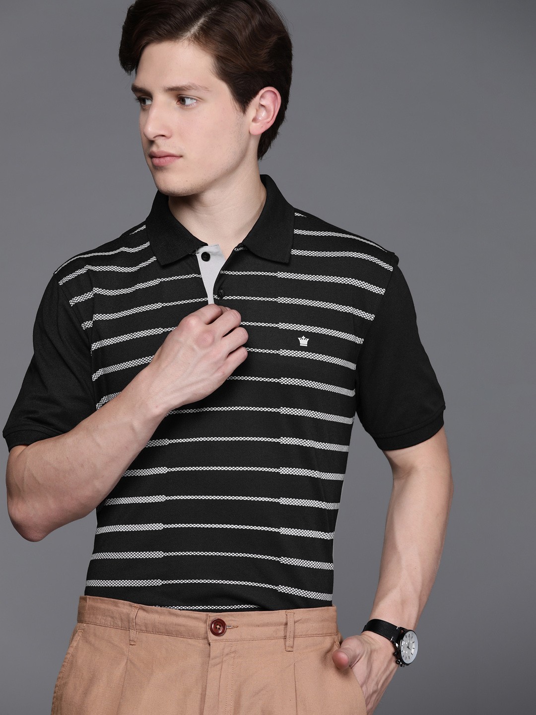 

Louis Philippe Men Black & White Striped Polo Collar T-shirt