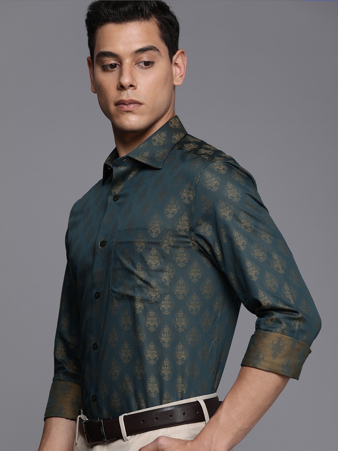 

Louis Philippe Gods & Kings Men Teal Green Woven Design Classic Giza Cotton Formal Shirt