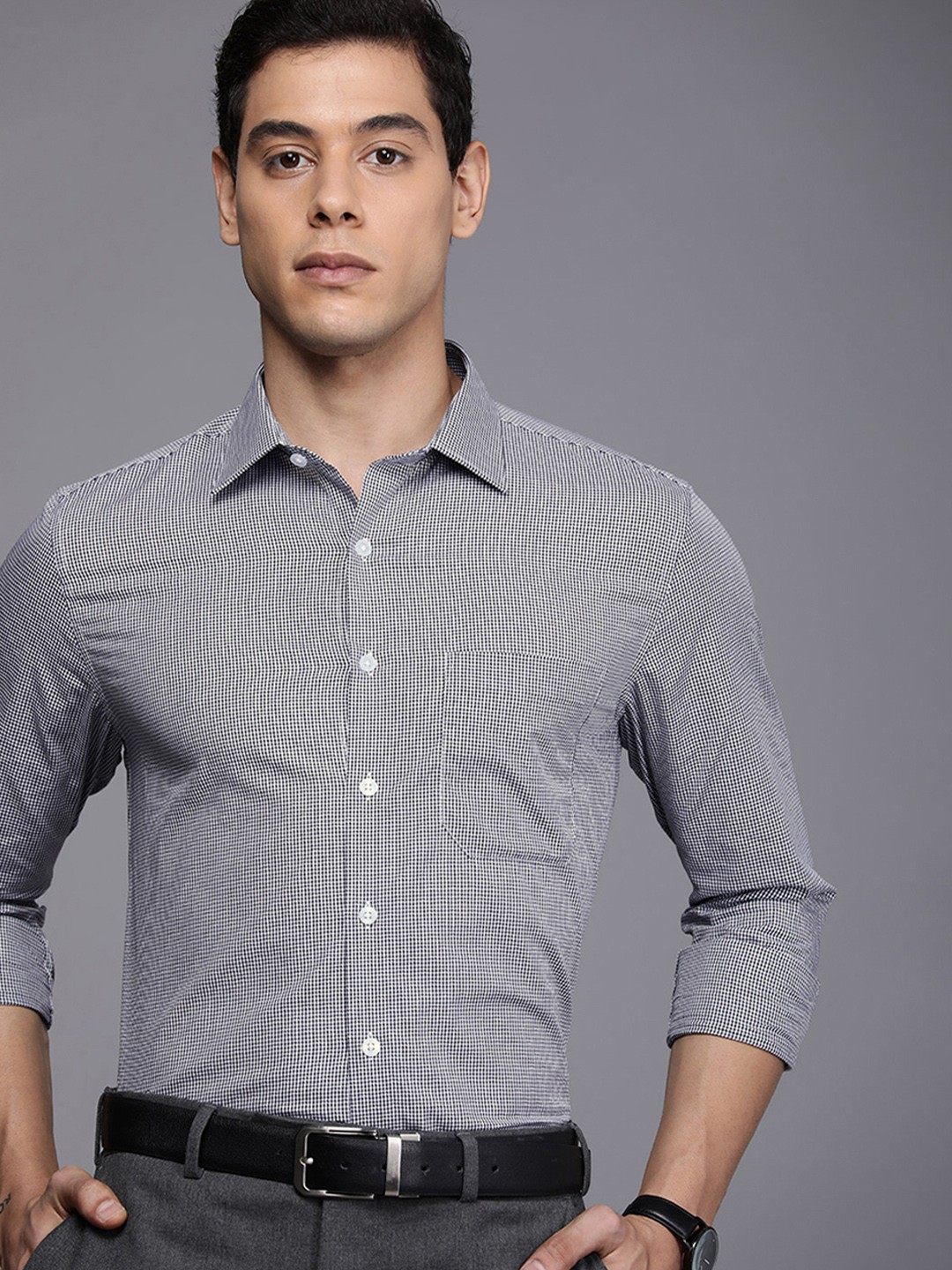 

Louis Philippe Men Black & White Micro Checks Slim Fit Formal Shirt