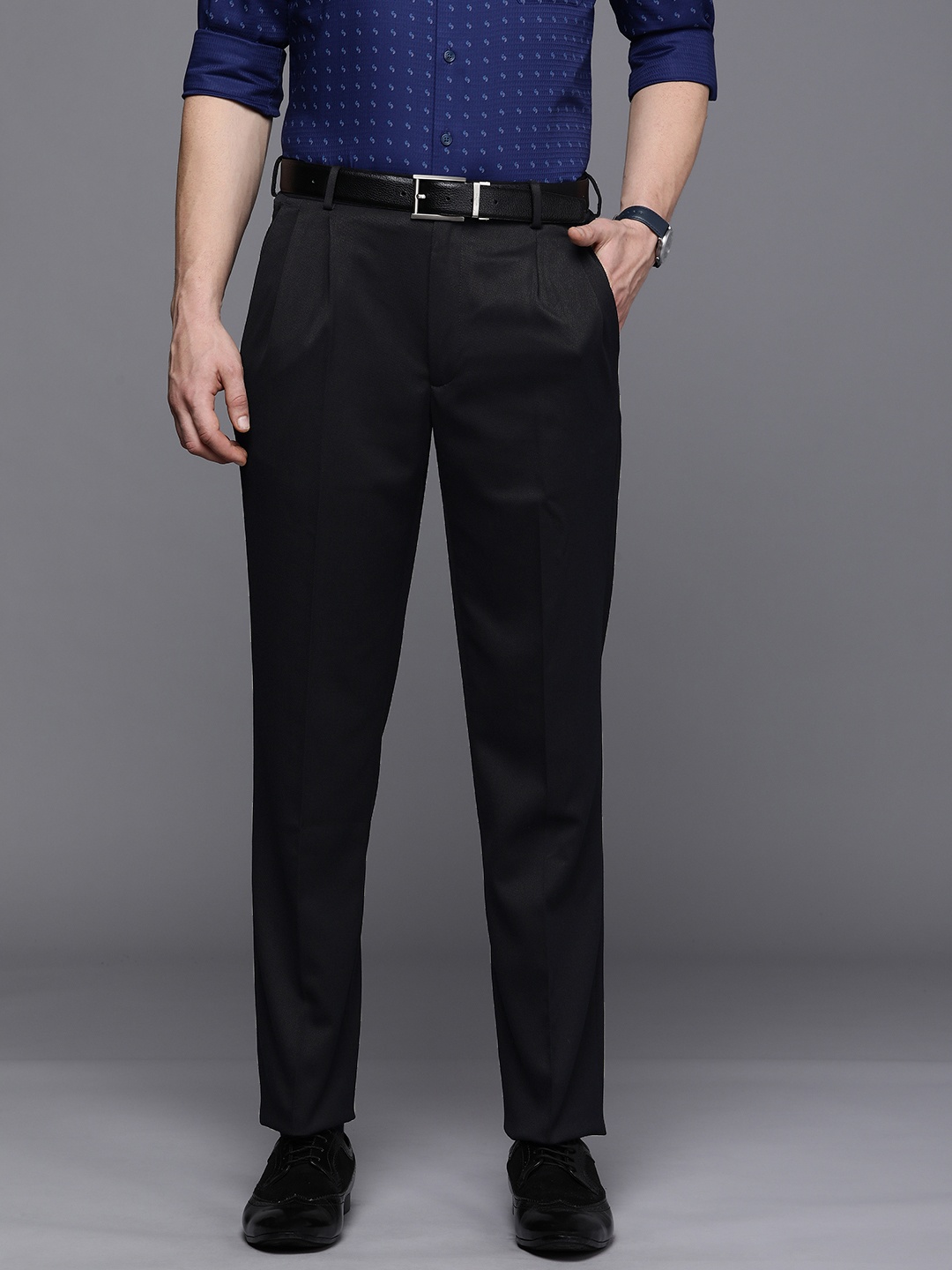 

Louis Philippe Men Navy Blue Solid Classic Fit Trousers