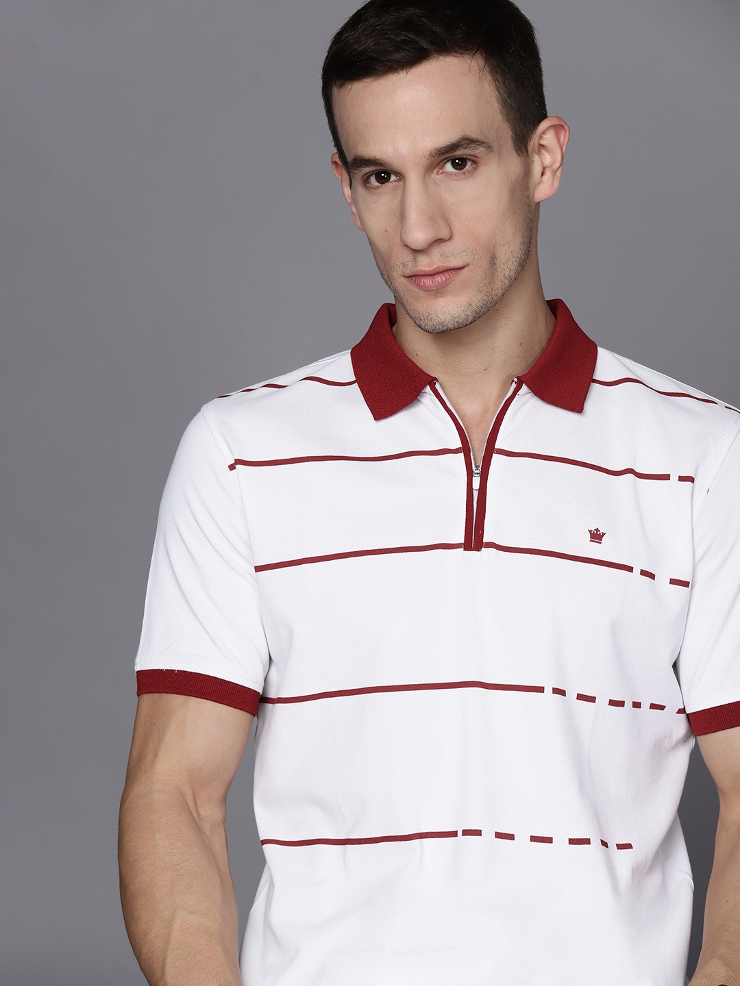 

Louis Philippe Men White & Maroon Striped Polo Collar T-shirt