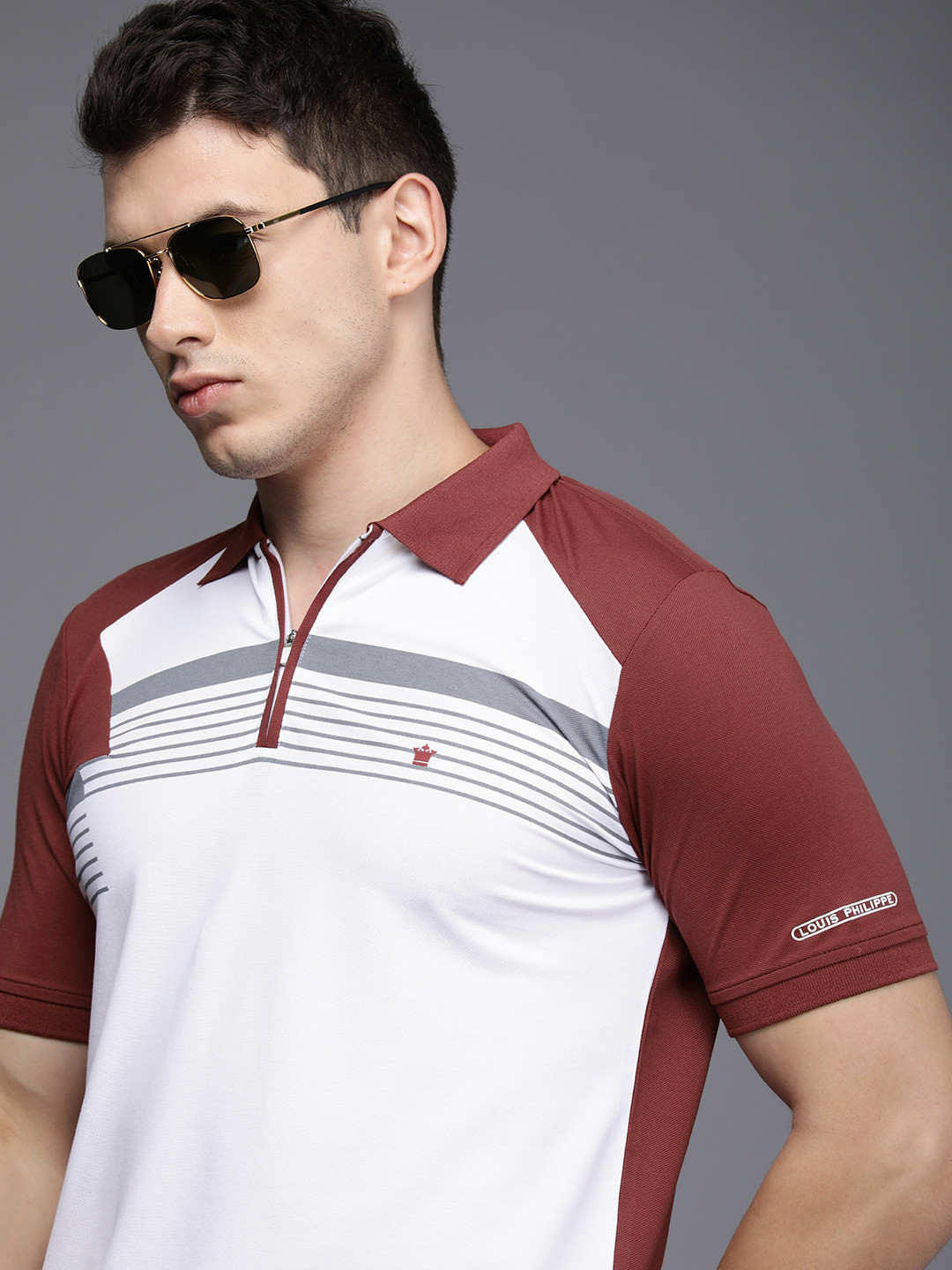 

Louis Philippe Men White & Maroon Striped Polo Collar T-shirt