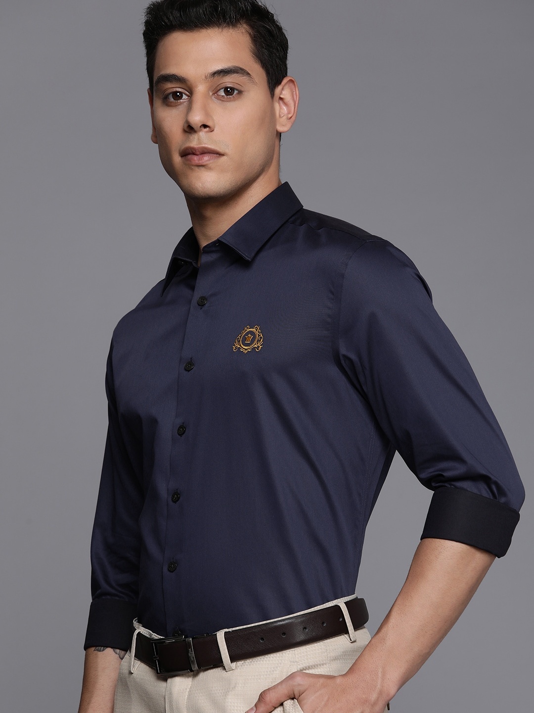 

Louis Philippe Men Navy Blue Brand Logo Embroidered Slim Fit Formal Shirt