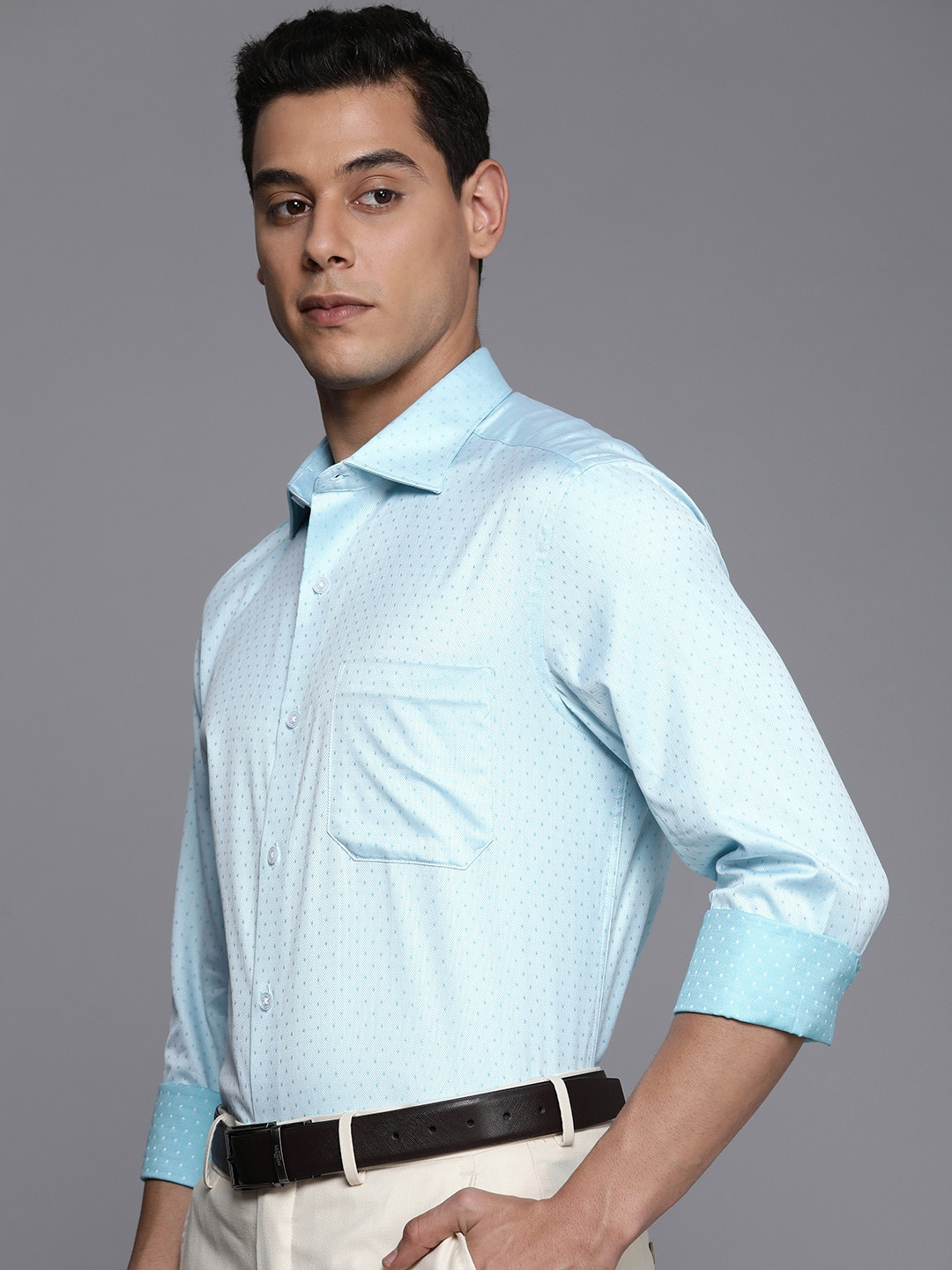 

Louis Philippe Men Blue Self-Design Classic Fit Pure Cotton Formal Shirt