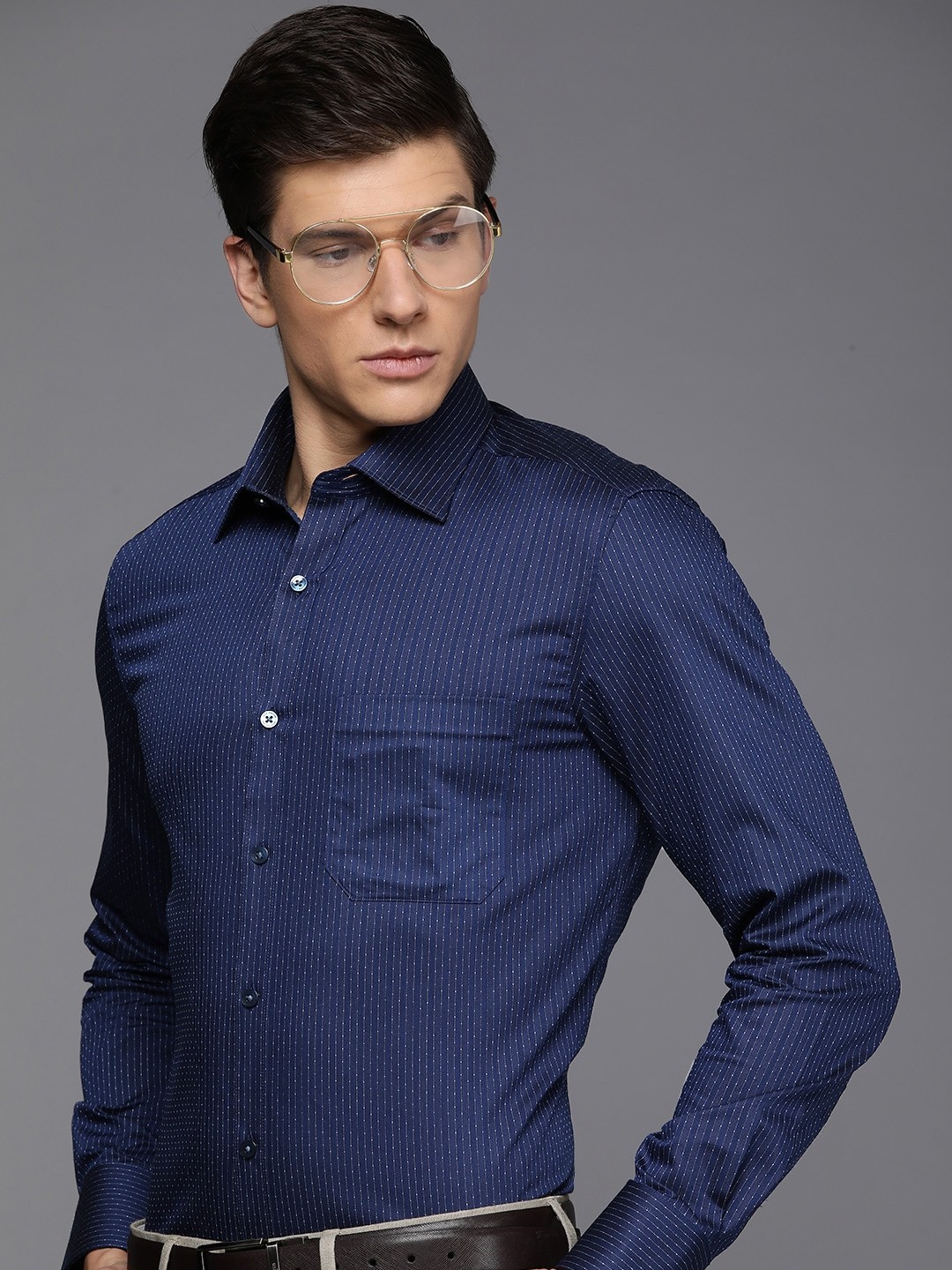 

Louis Philippe Men Navy Blue Classic Fit Striped Pure Cotton Formal Shirt