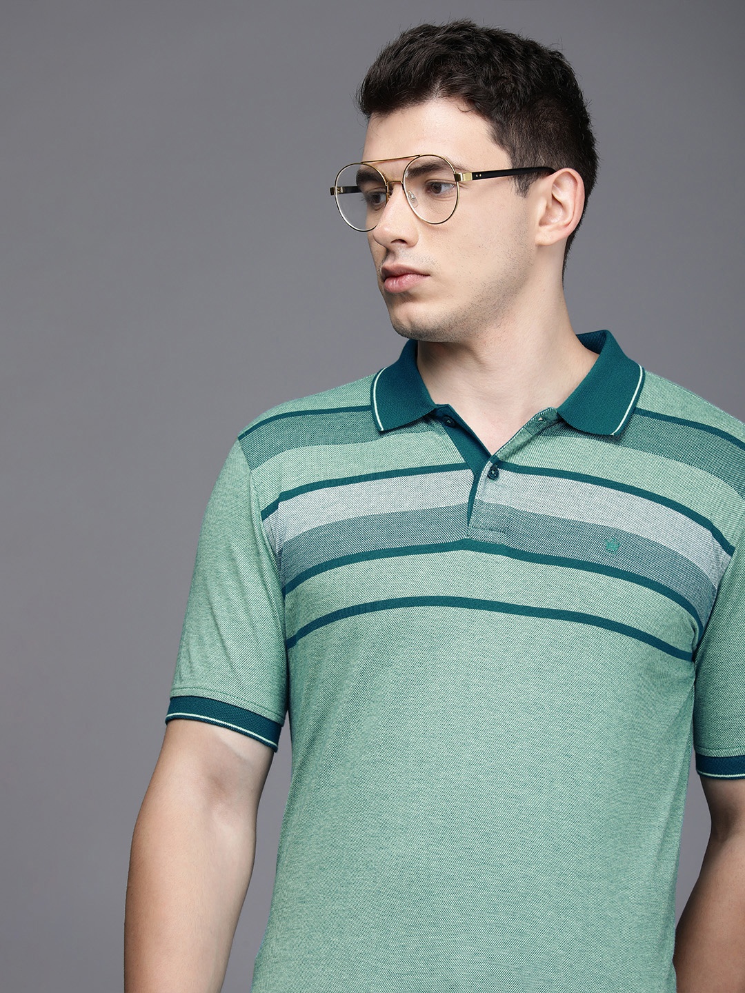 

Louis Philippe Men Green & Teal Blue Striped Pure Cotton Polo Collar T-shirt