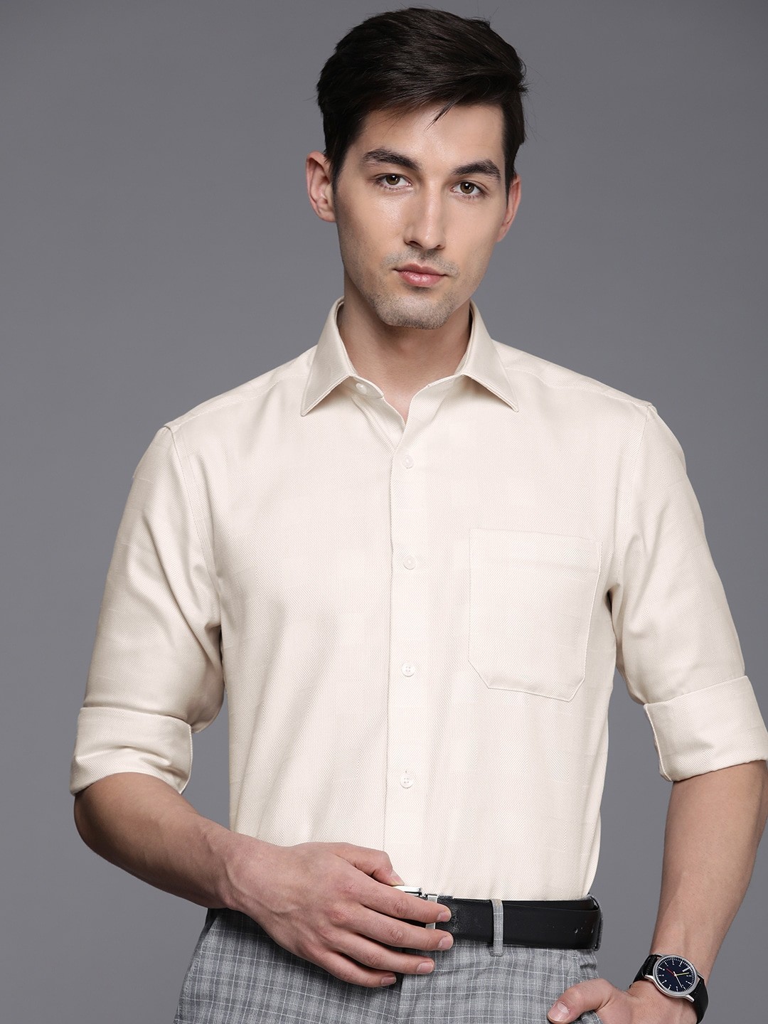 

Louis Philippe Men White Self-Designed Pure Cotton Classic Fit Formal Shirt