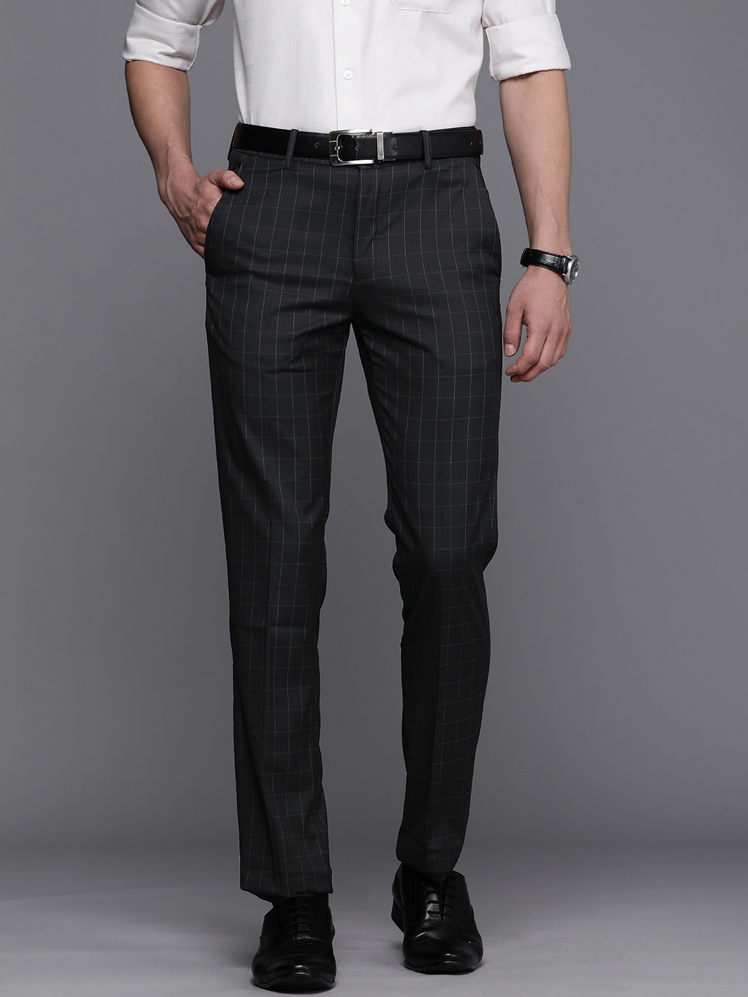 

Louis Philippe Men Navy Blue & White Checked Slim Fit Trousers