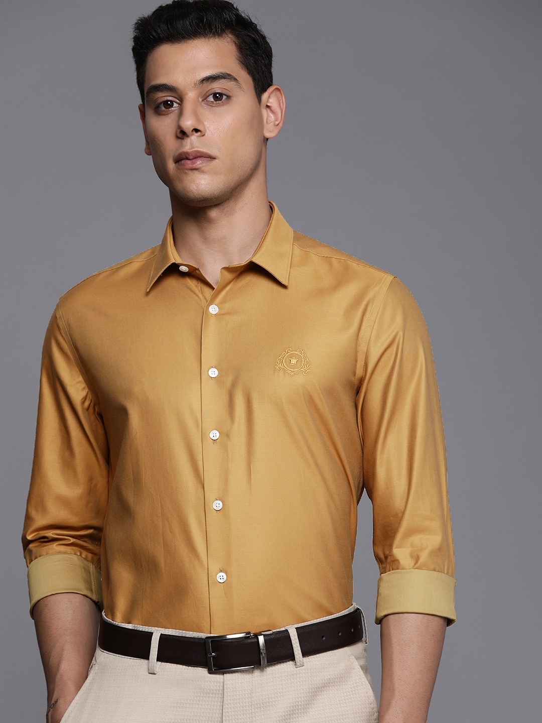 

Louis Philippe Men Mustard Yellow Solid Slim Fit Pure Cotton Formal Shirt