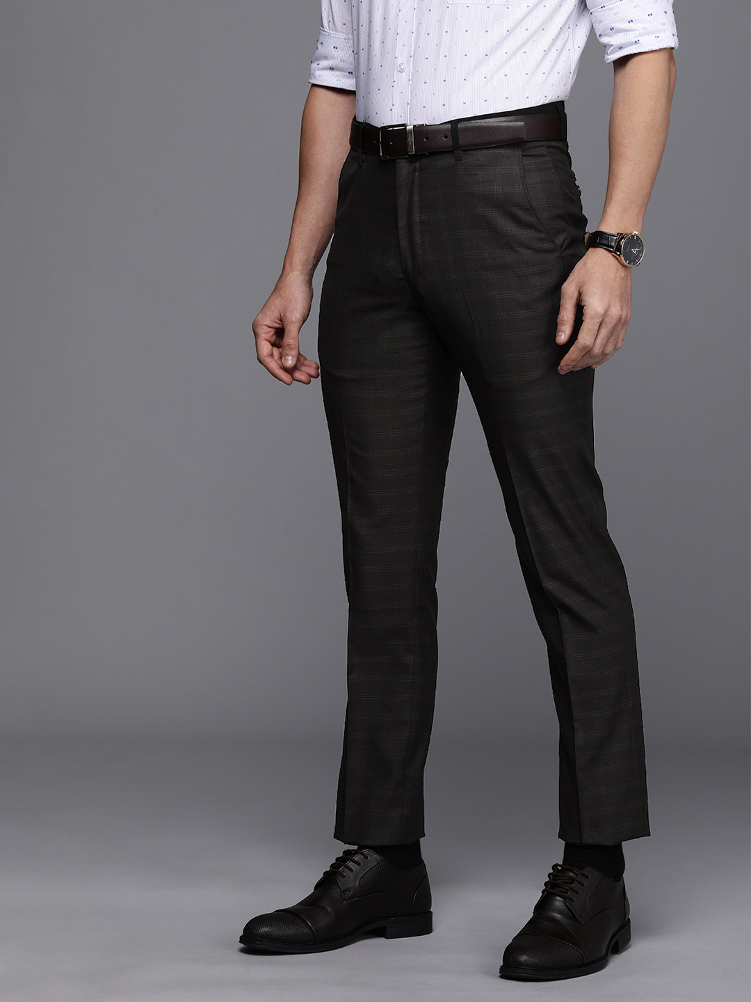 

Louis Philippe Men Black Checked Slim Fit Mid-Rise Formal Trousers