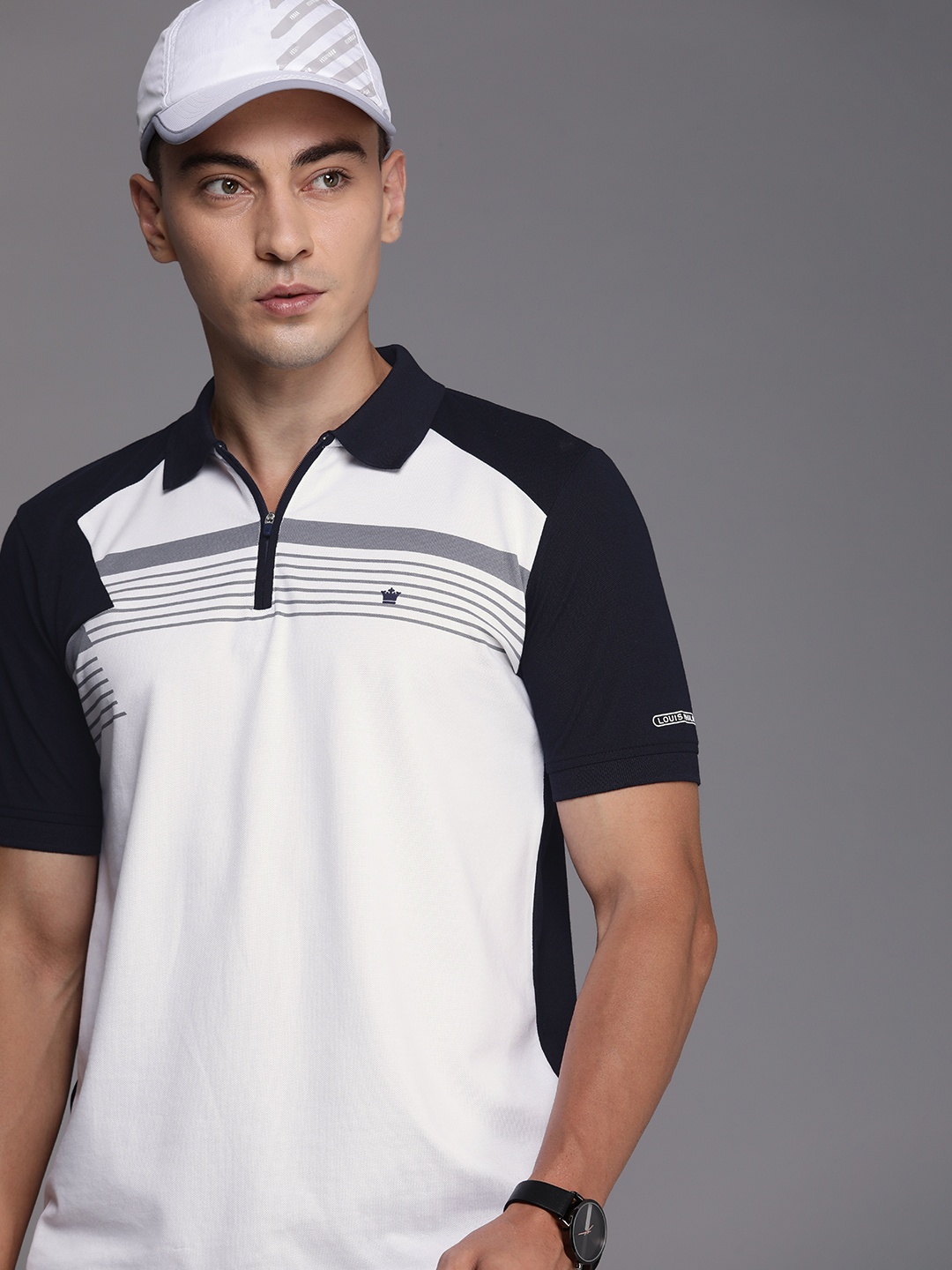 

Louis Philippe Men White & Navy Blue Colourblocked Polo Collar T-shirt