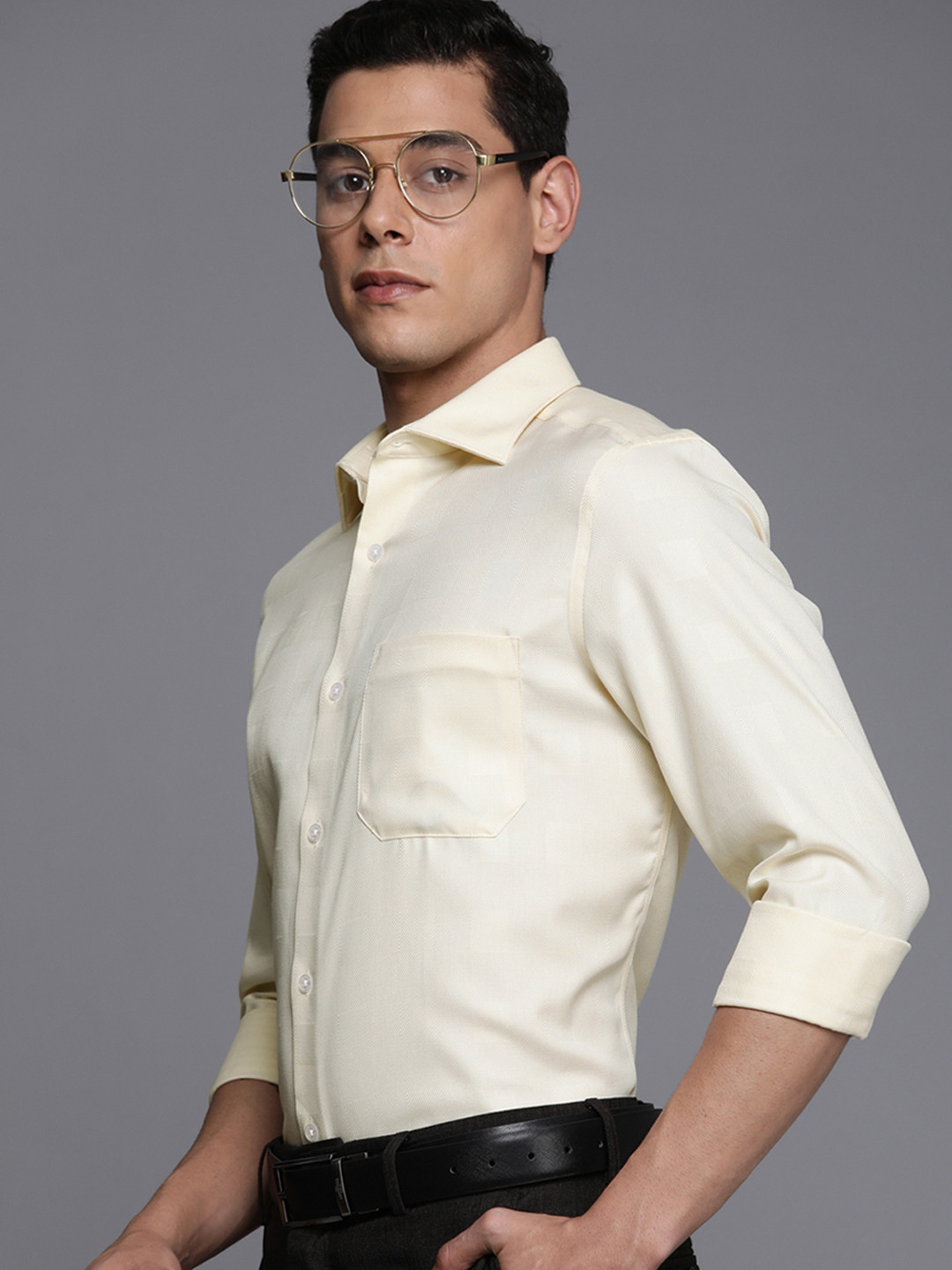 

Louis Philippe Men Yellow Solid Textured Classic Fit Pure Cotton Formal Shirt