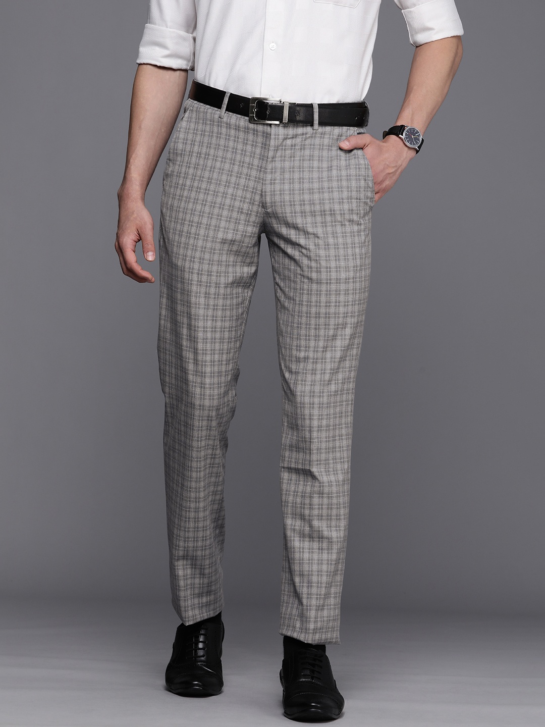

Louis Philippe Men Grey & White Checked Slim Fit Trousers