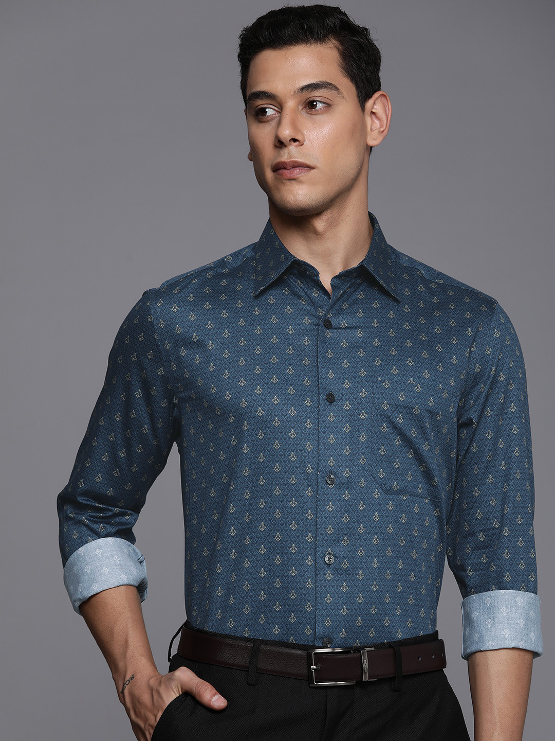 

Louis Philippe Gods & Kings Men Blue Classic Fit Giza Cotton Printed Formal Shirt
