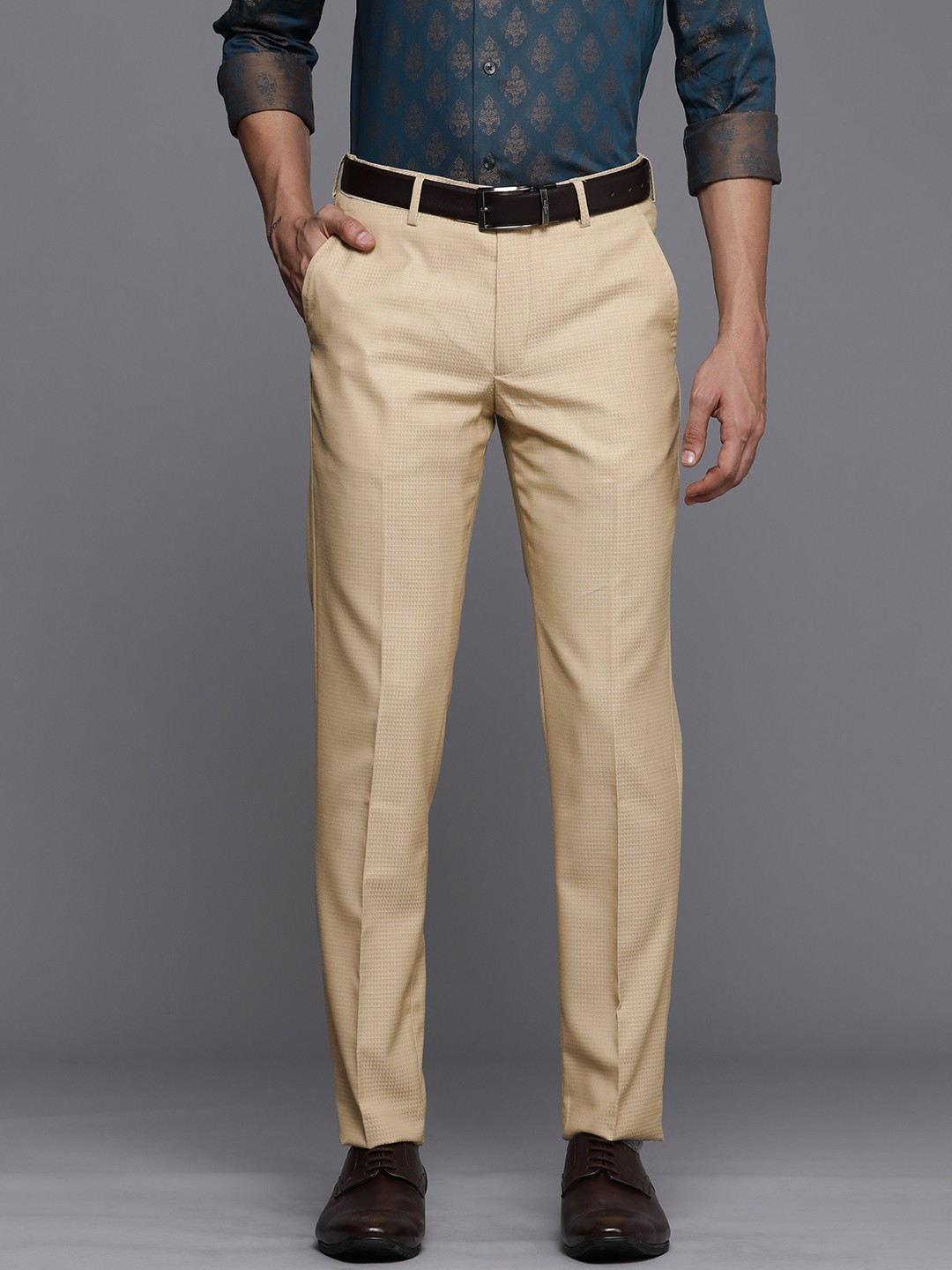 

Louis Philippe Men Beige Self Design Checked Slim Fit Formal Trousers