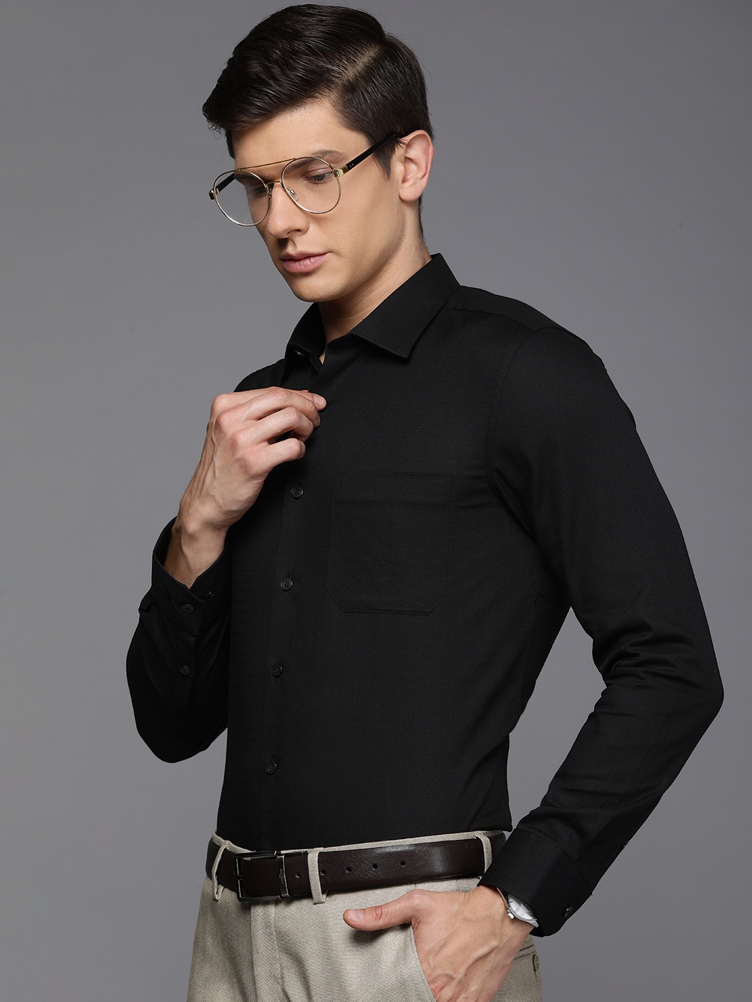 

Louis Philippe Men Black Slim Fit Self-Design Pure Cotton Formal Shirt