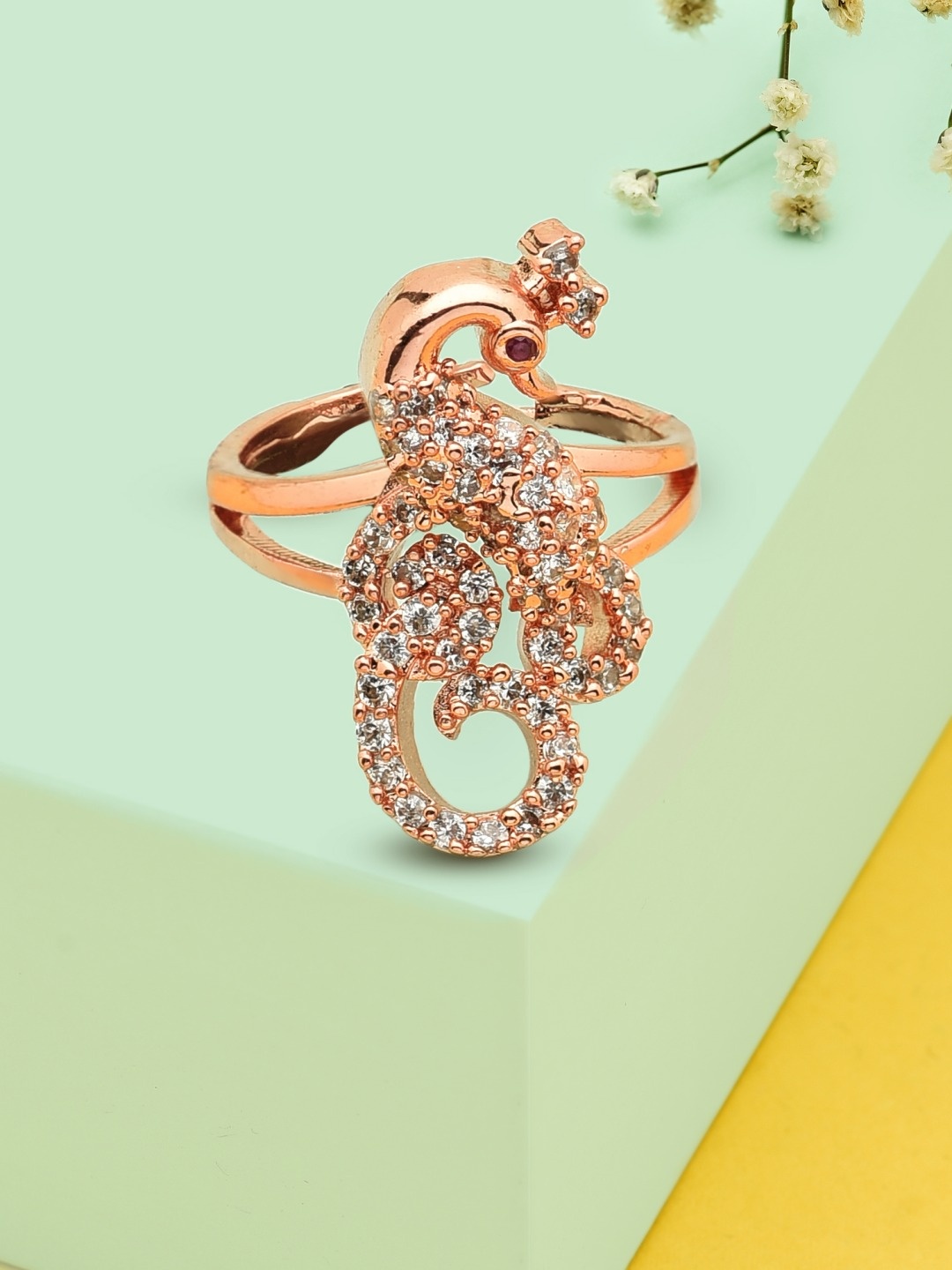 

AMI Rose Gold-Plated White Cubic Zirconia Studded Peacock Shaped Finger Ring