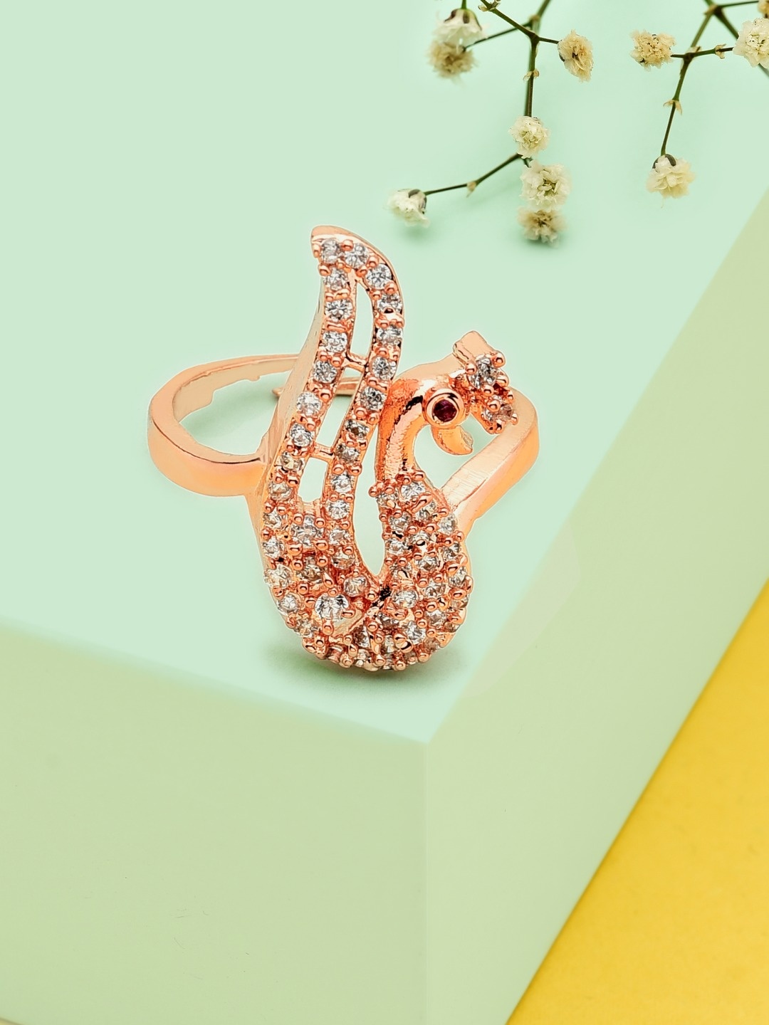 

AMI Rose-Gold-Plated White CZ-Studded Peacock Inspired Contemporary Adjustable Finger Ring