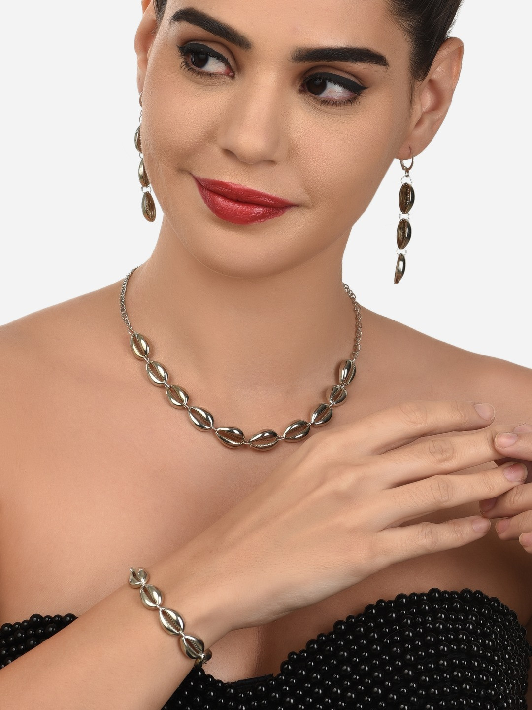 

AMI Women Silver-Toned Cowrie Sell Chain with Earrings & Bracelet Set