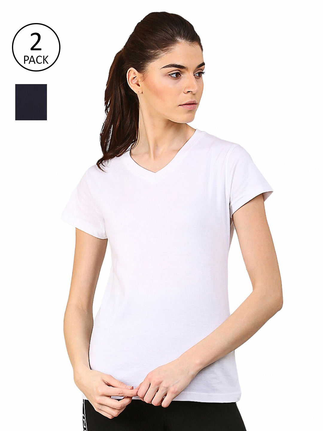 

appulse Women White & Black Pack Of 2 V-Neck Slim Fit Running Cotton T-shirt