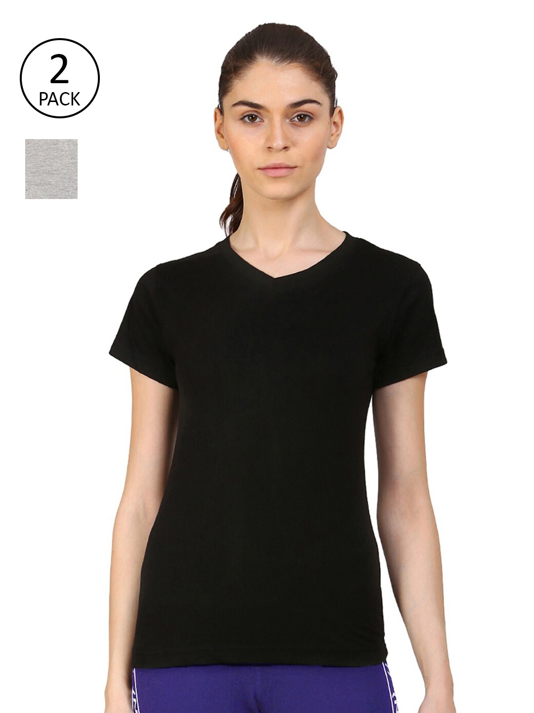 

appulse Women Black & Grey Set Of 2 V-Neck Slim Fit Running T-shirt