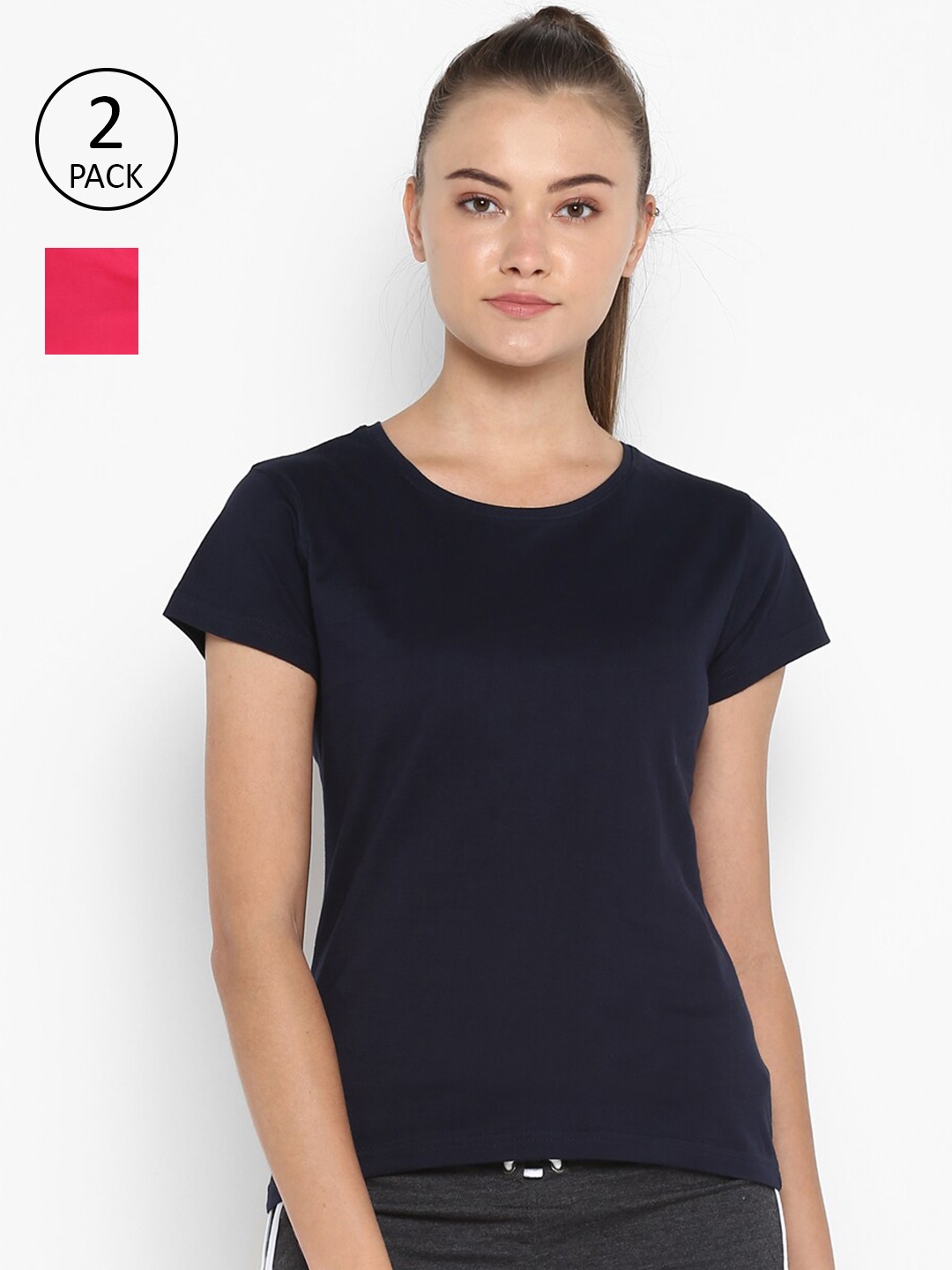 

appulse Women Pink & Navy Blue Pack of 2 Slim Fit Cotton Running T-shirt