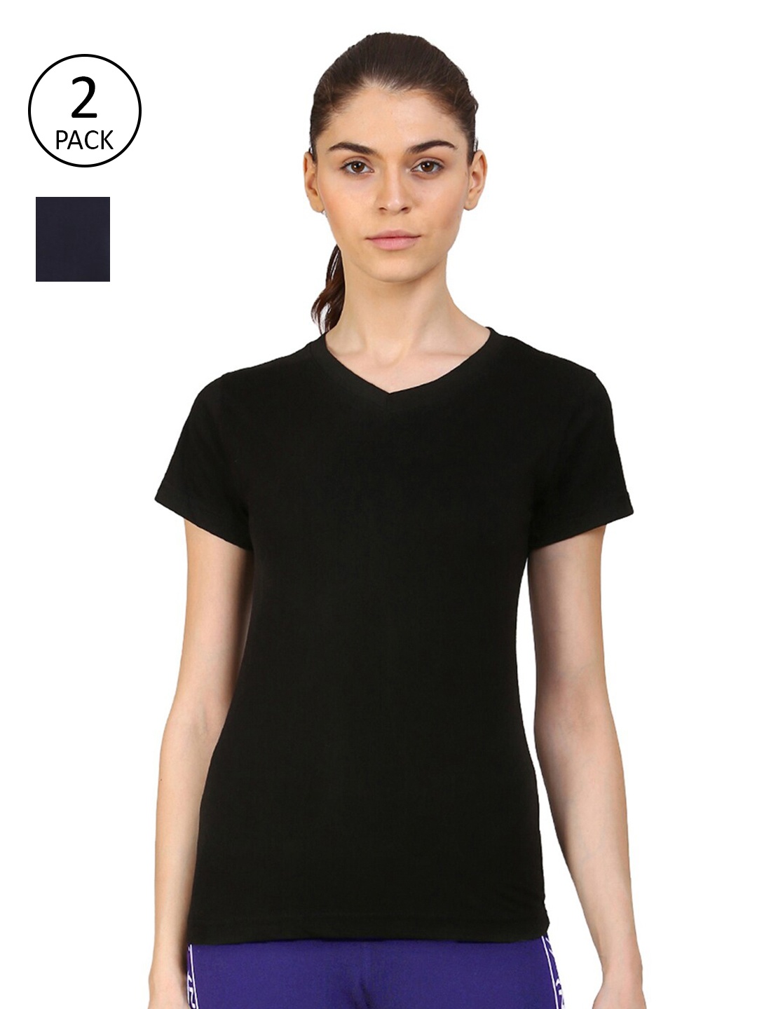 

appulse Women Navy Blue & Black Pack of 2 V-Neck Slim Cotton Fit Running T-shirt