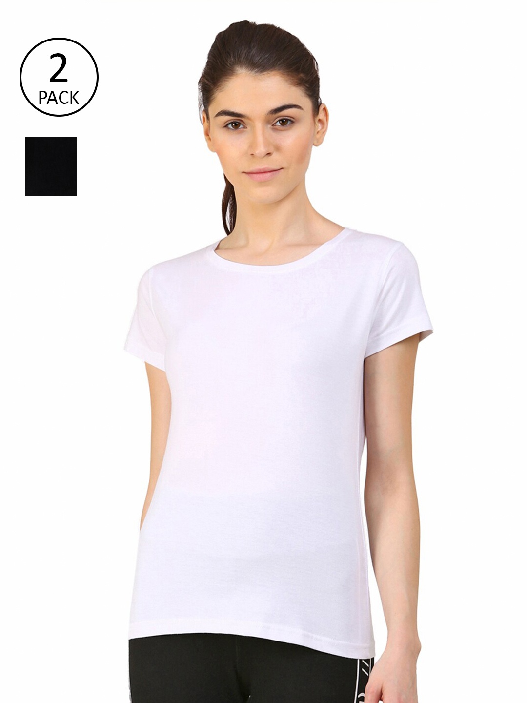 

appulse Women White & Black Pack Of 2 Slim Fit Running Cotton T-shirt