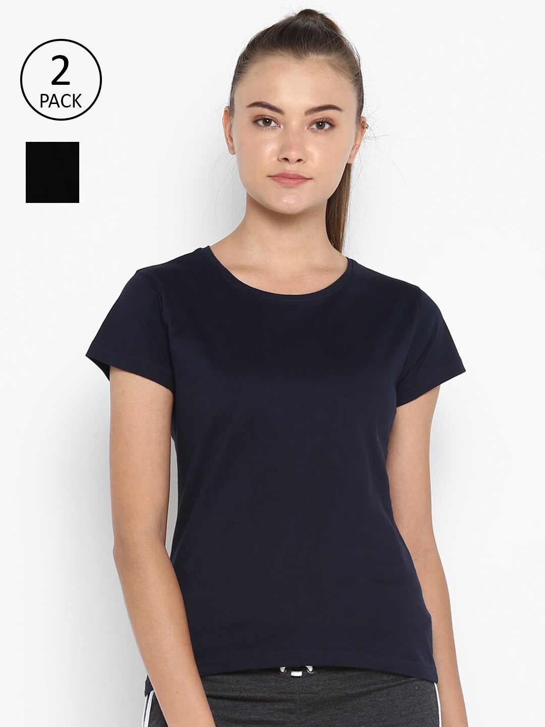 

appulse Women Black & Navy Blue Pack of 2 Slim Fit Cotton Running T-shirt