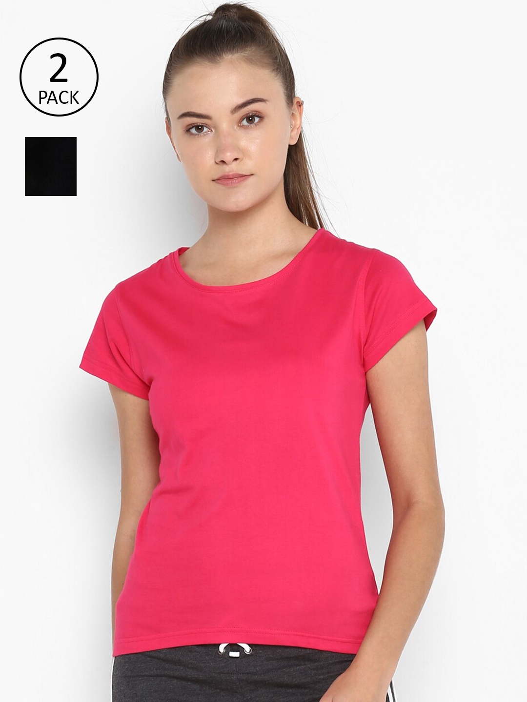 

appulse Women Fuchsia & Black Set Of 2 Slim Fit Running T-shirt