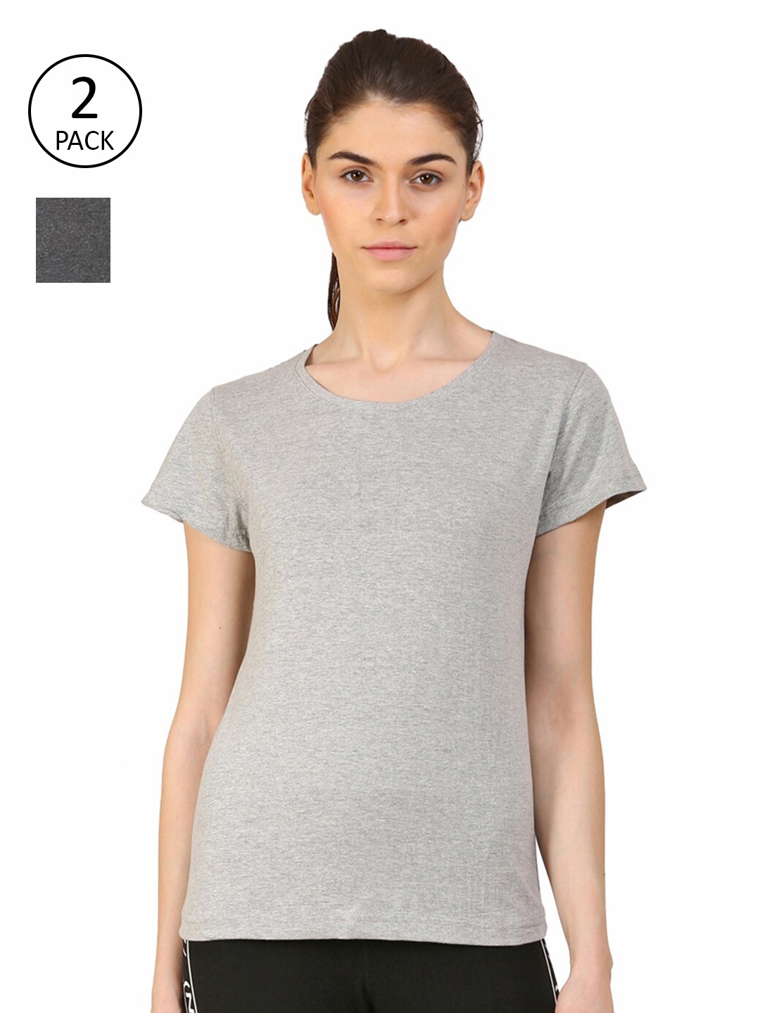 

appulse Women Grey Melange & Charcoal Pack of 2 Slim Fit Cotton Running T-shirt