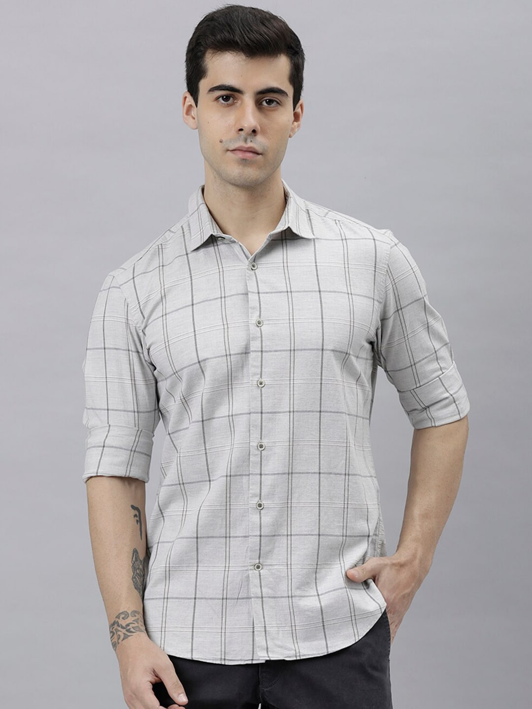 

RARE RABBIT Men Fori Slim Fit Windowpane Check Shirt, Grey