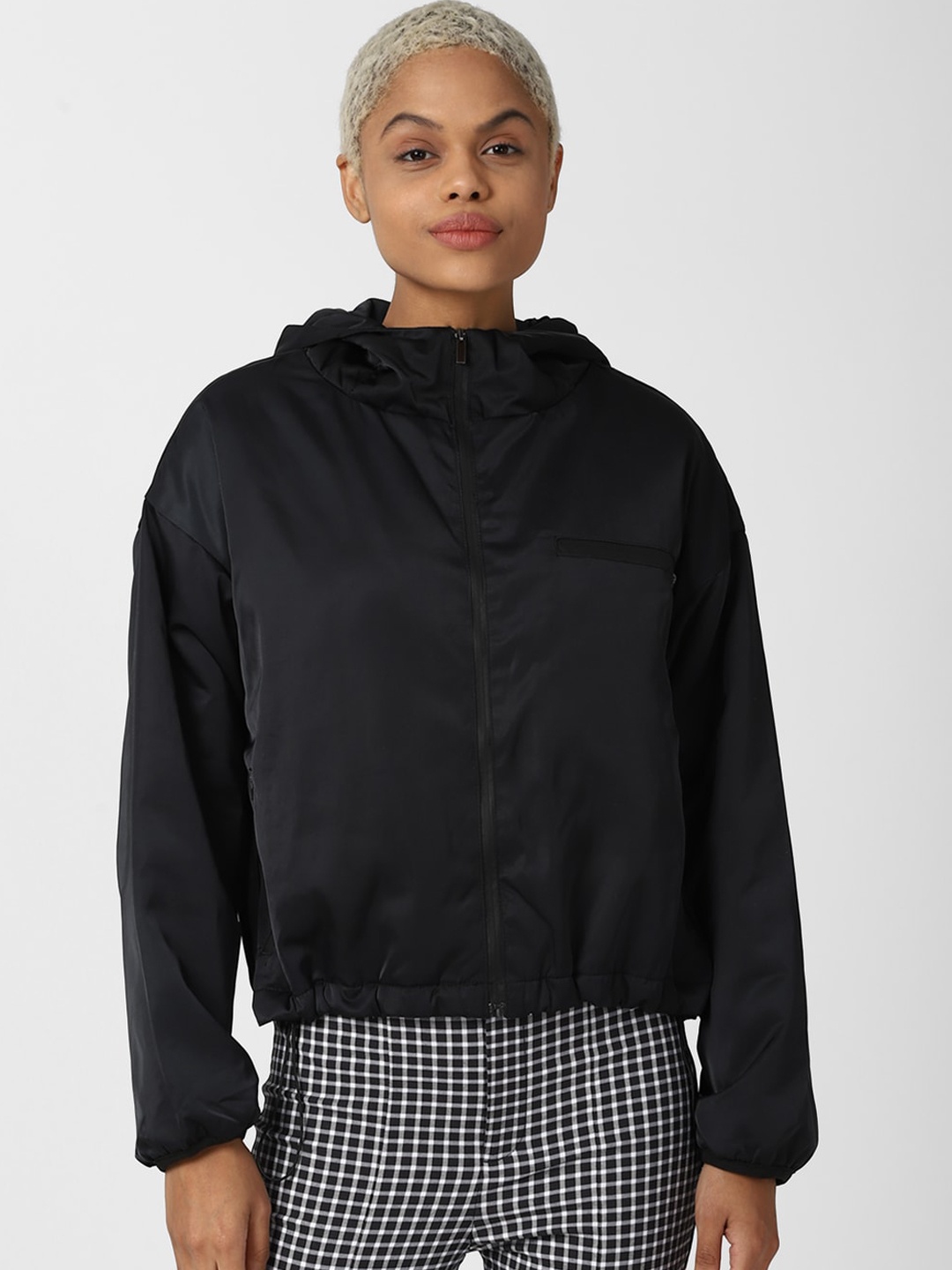 

FOREVER 21 Women Navy Blue Hooded Bomber Jacket