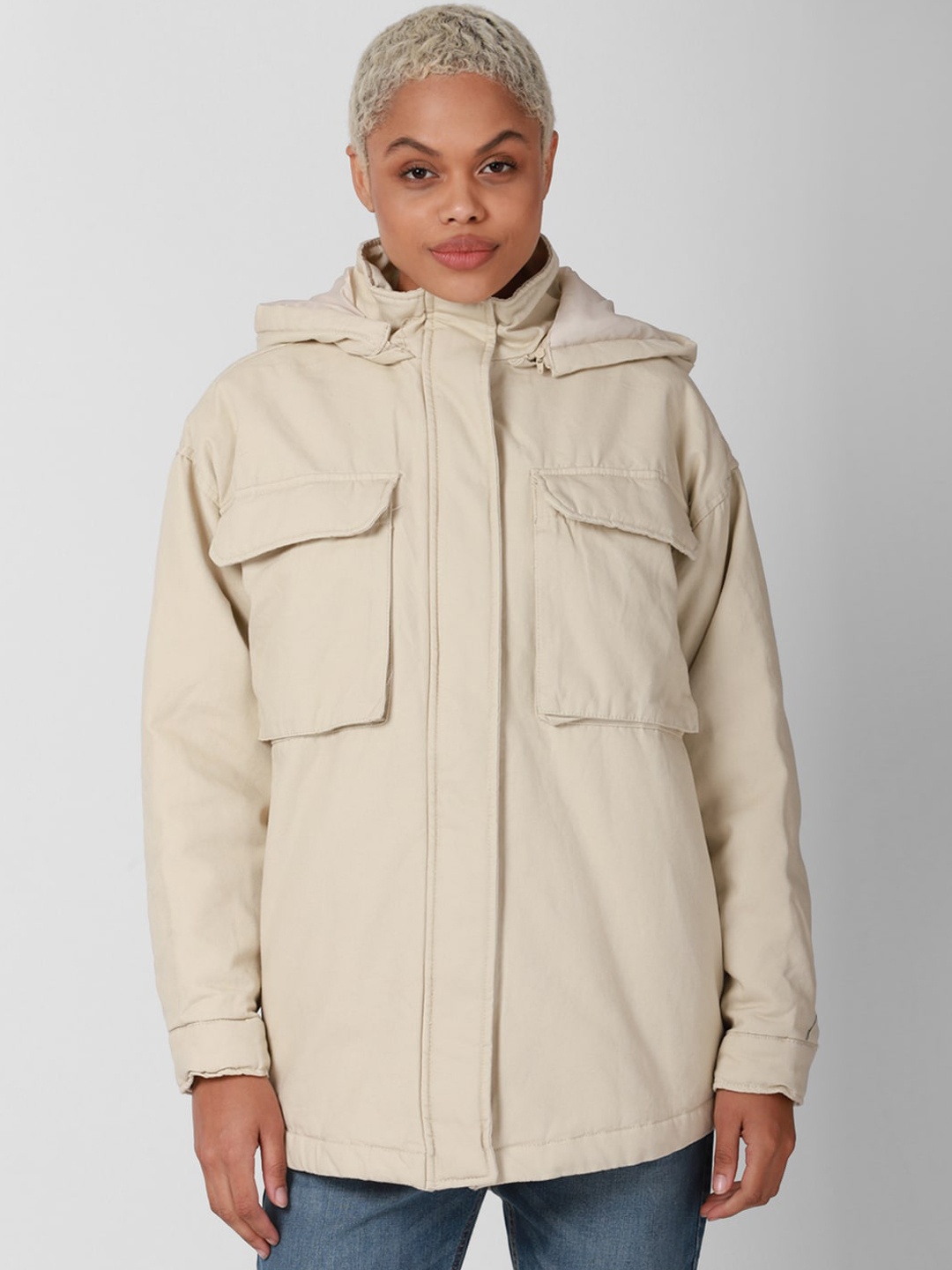 

FOREVER 21 Women Beige Longline Cotton Parka Jacket