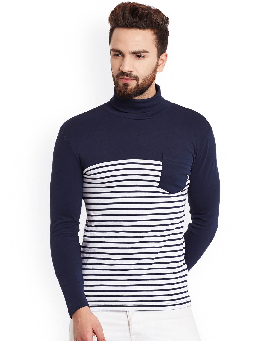 

Hypernation Men Navy & White Striped Slim Fit T-Shirt, Navy blue