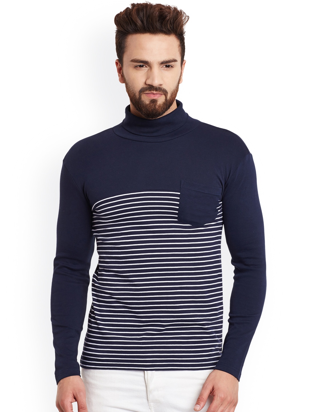 

Hypernation Men Navy & White Striped T-shirt, Navy blue