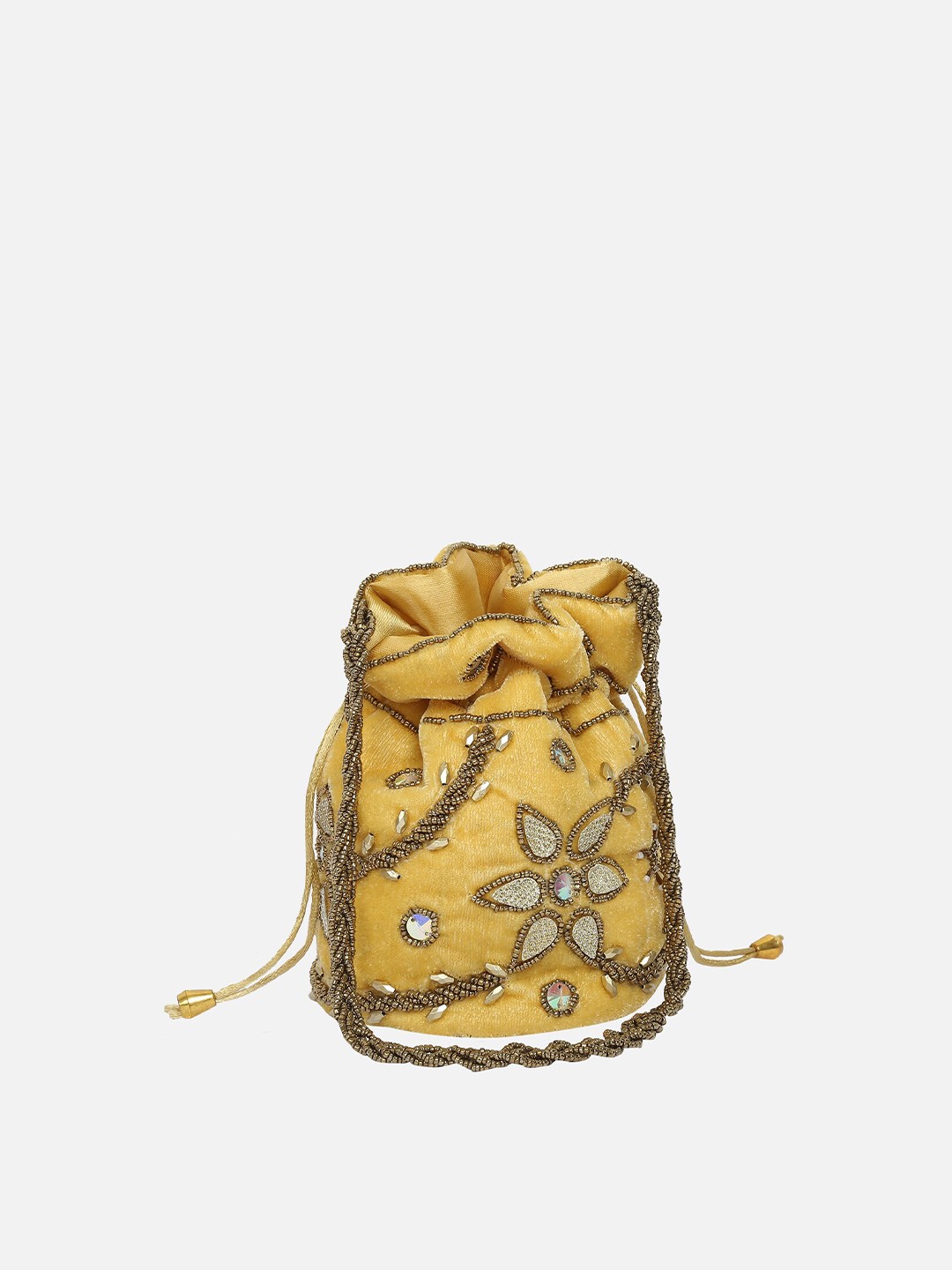 

WELBAWT Yellow & Gold-Toned Embellished Potli Clutch