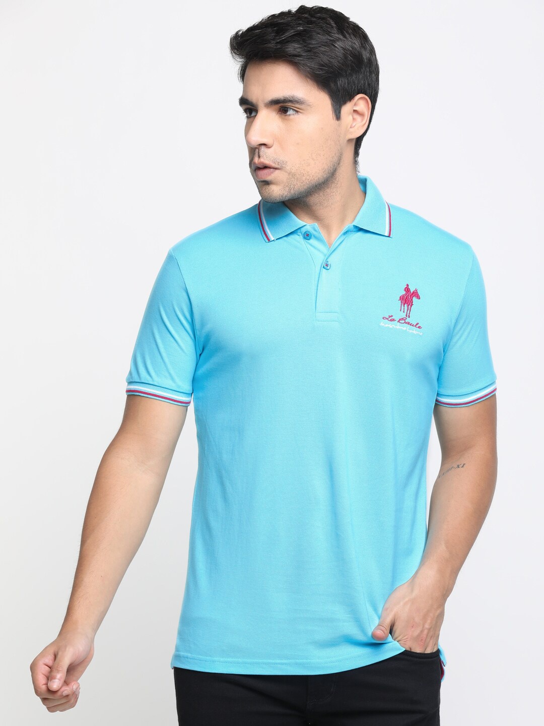 

Masculino Latino Men Turquoise Blue Polo Collar Bio Finish T-shirt