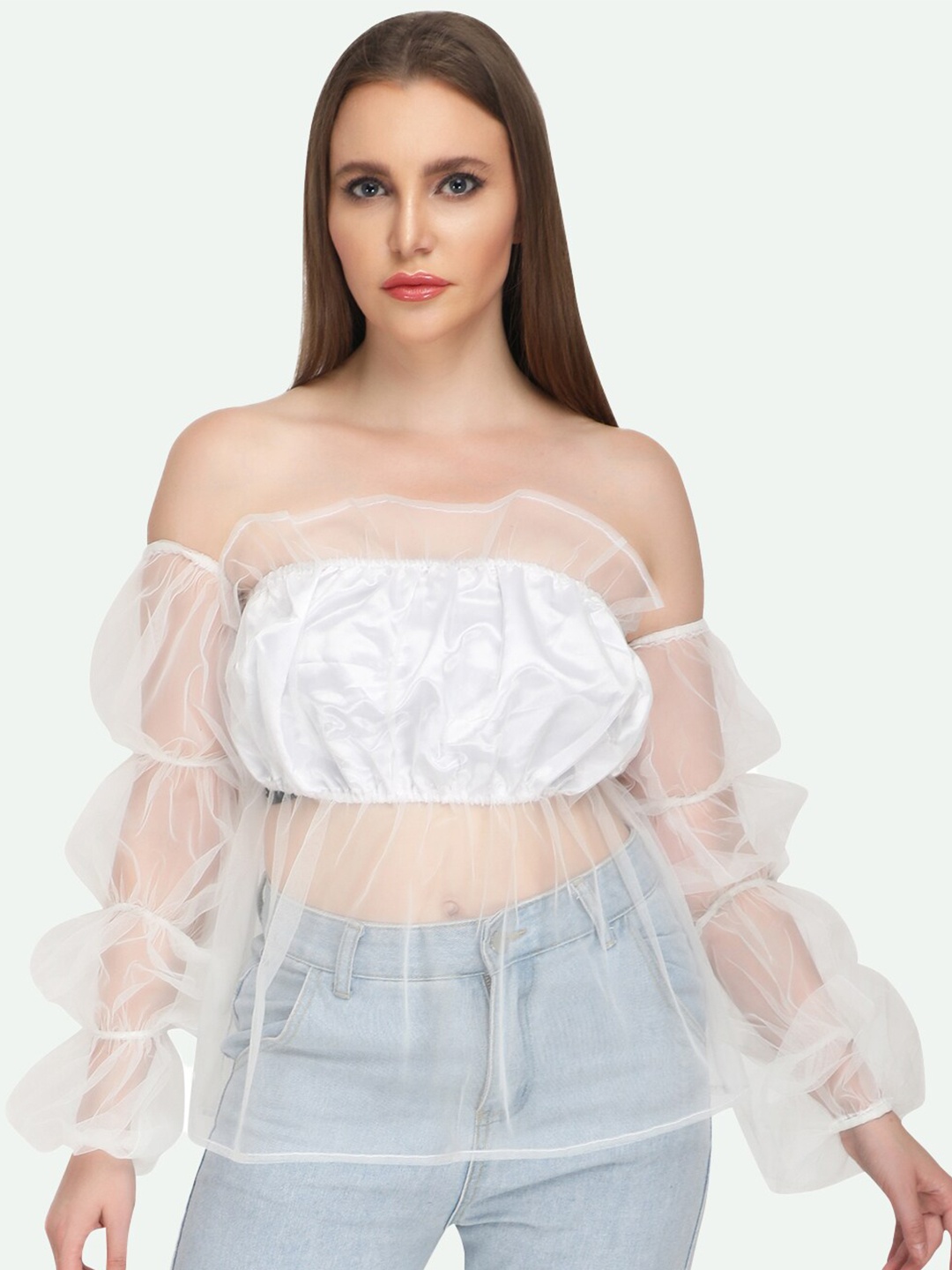 

WOOFFLY White Off-Shoulder Ruffles Satin Bardot Top