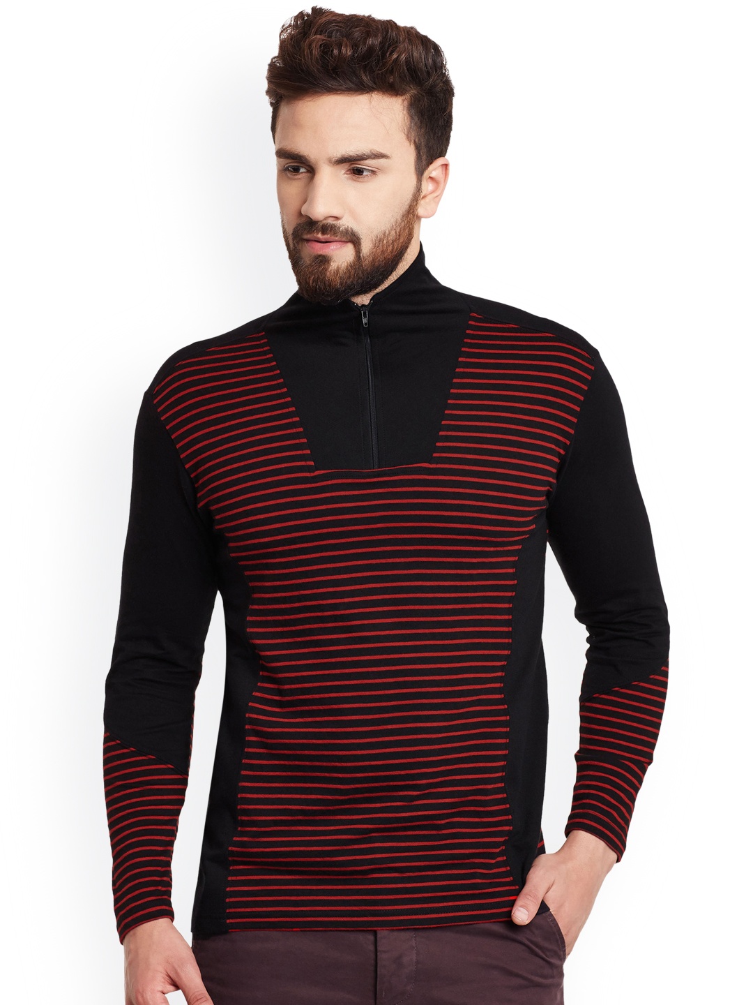 

Hypernation Men Red & Black Striped Slim Fit High Neck T-shirt