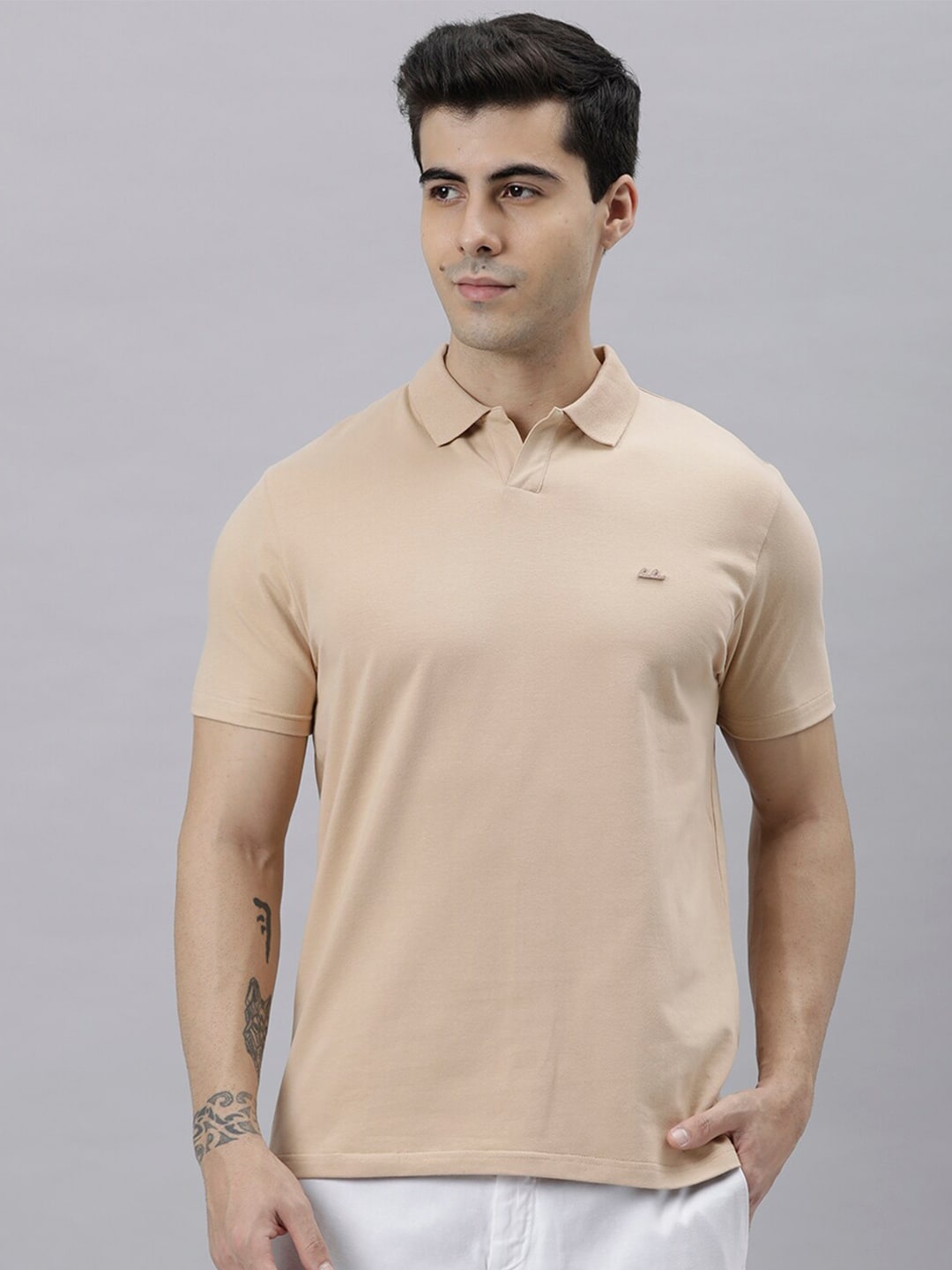 

RARE RABBIT Men Rings-4 Slim Fit Solid Polo Collar T-Shirt, Beige