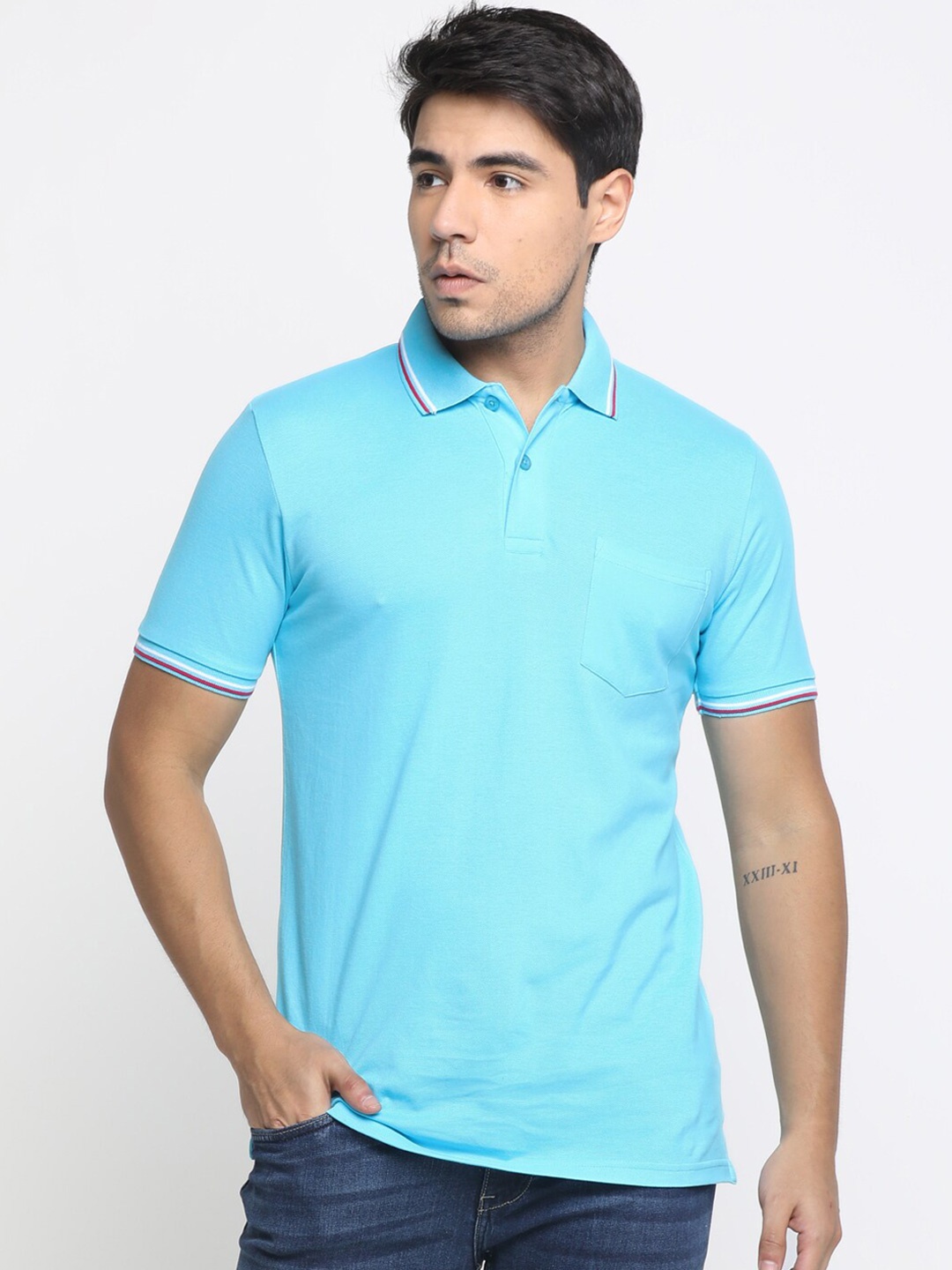 

Masculino Latino Plus Men Turquoise Blue Polo Collar T-shirt
