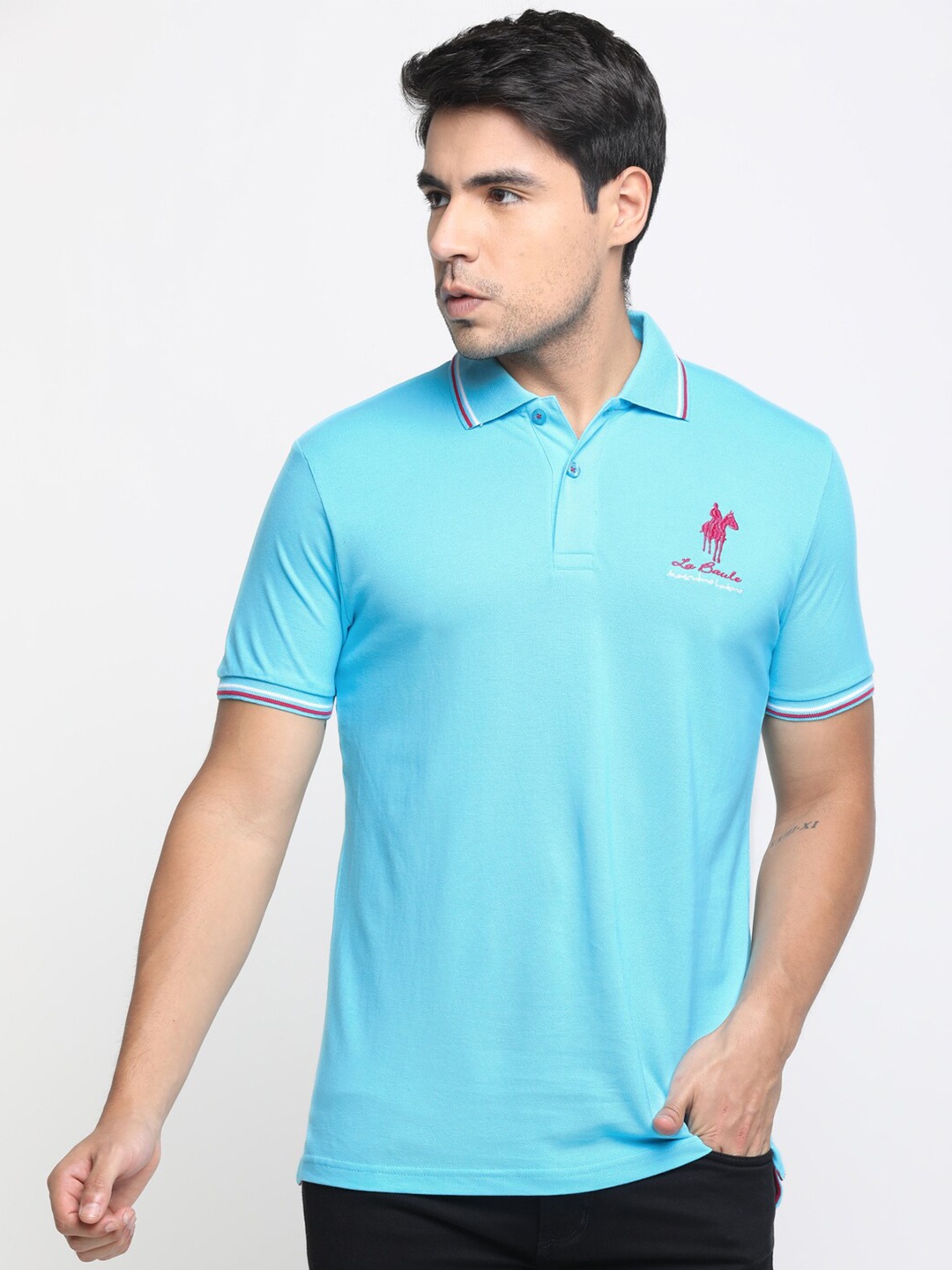 

Masculino Latino Plus Men Turquoise Blue Polo Collar Bio Finish Cotton T-shirt