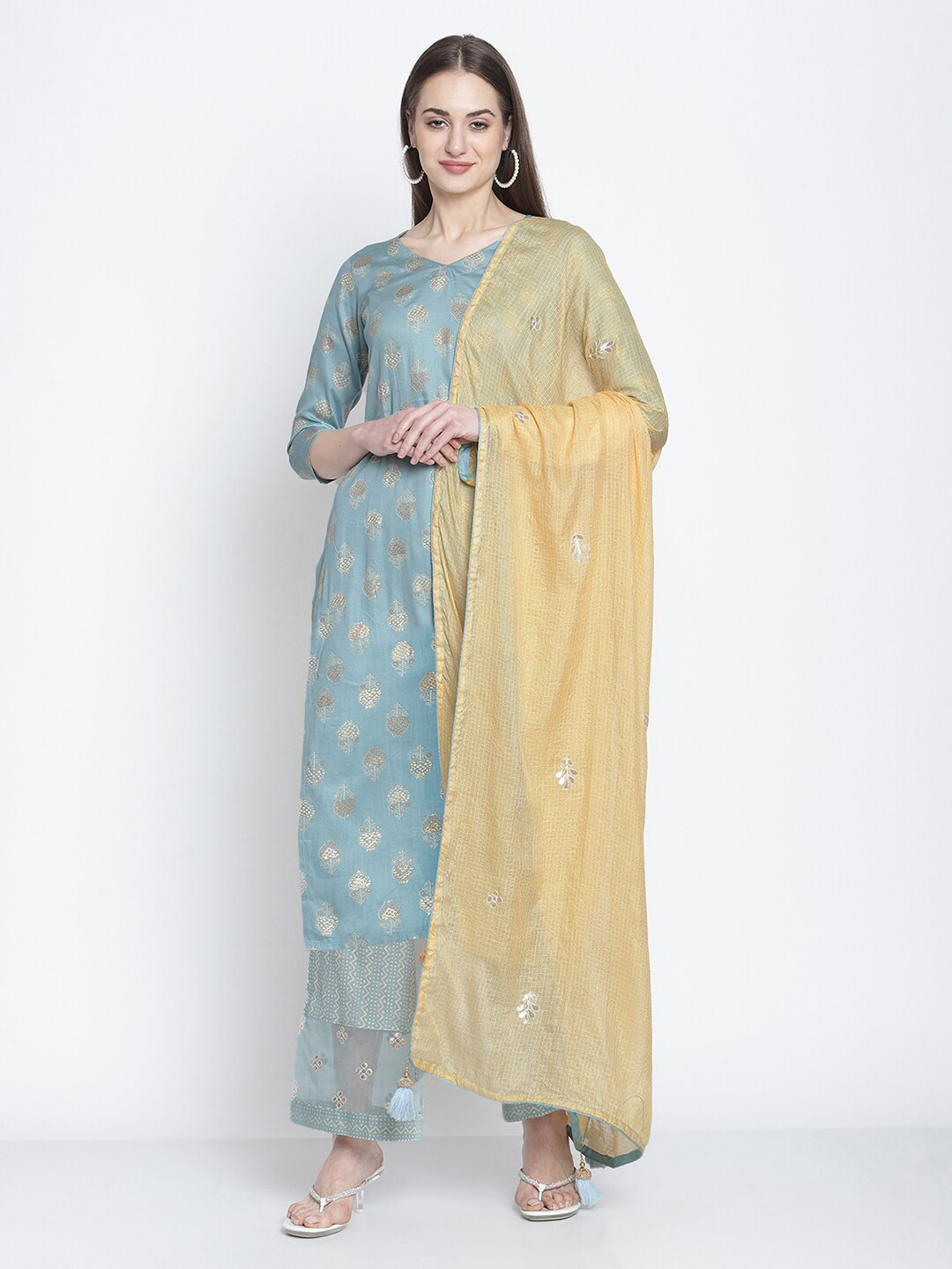 

Stylee LIFESTYLE Blue & Beige Printed Cotton Unstitched Dress Material