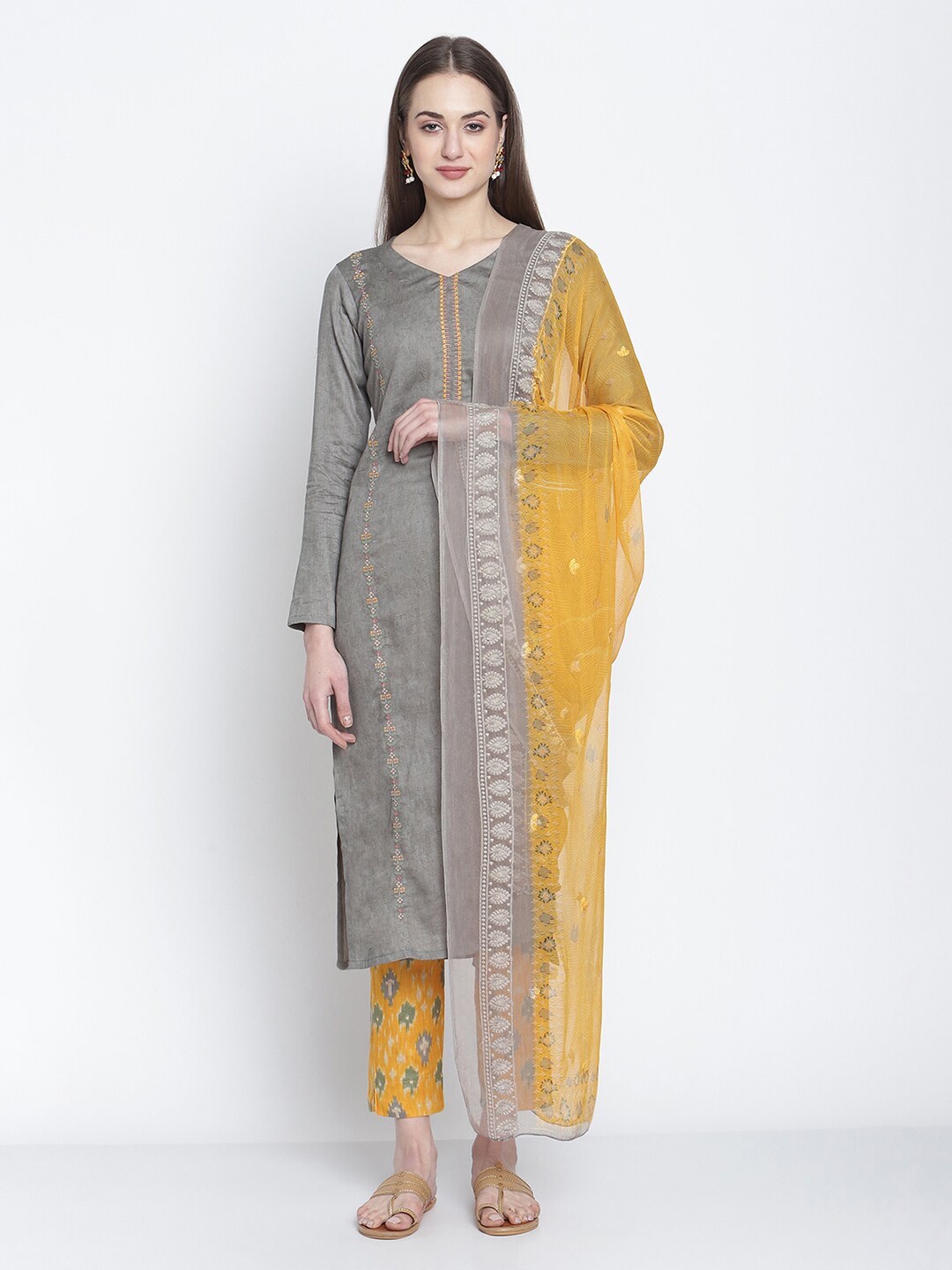 

Stylee LIFESTYLE Olive Green & Yellow Embroidered Unstitched Dress Material